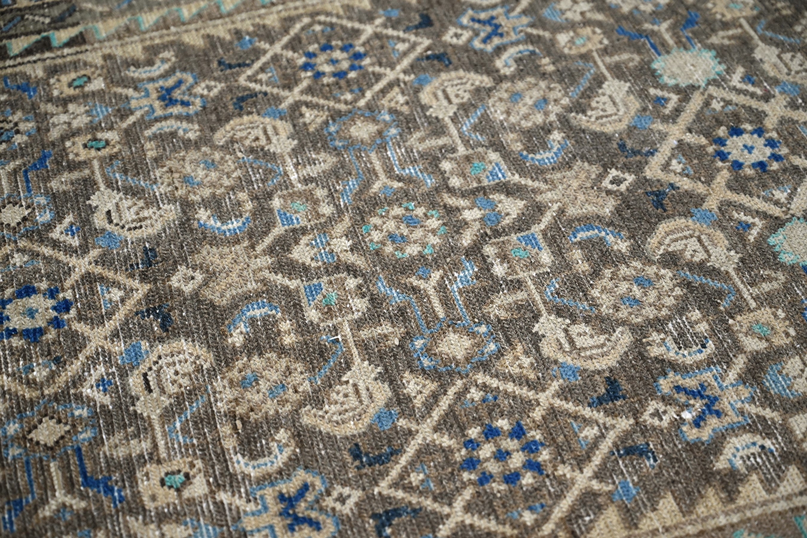 Persian Hamedan runner rug in charcoal and antique gold, view 13 of 20