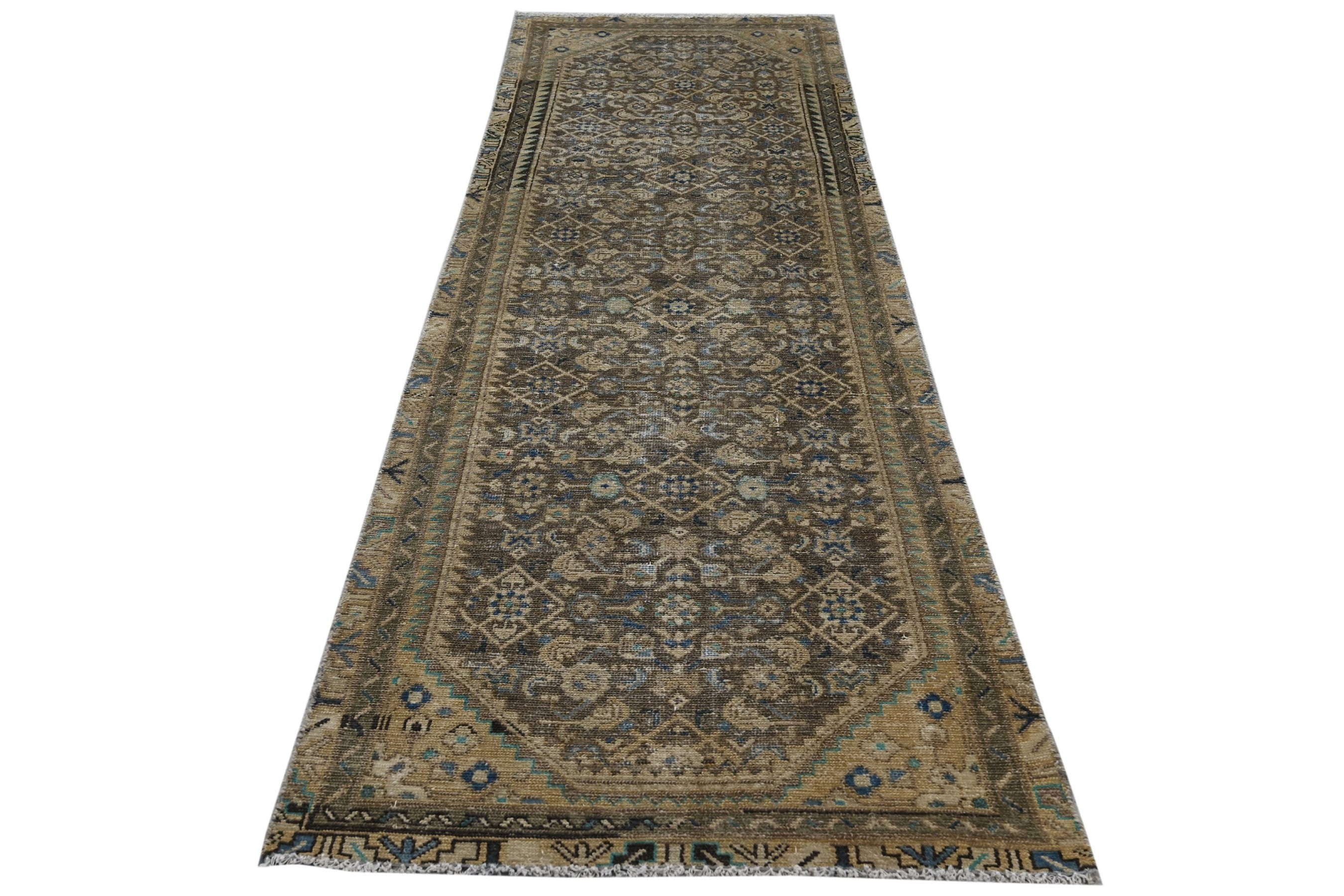 Persian Hamedan runner rug in charcoal and antique gold, view 2 of 20