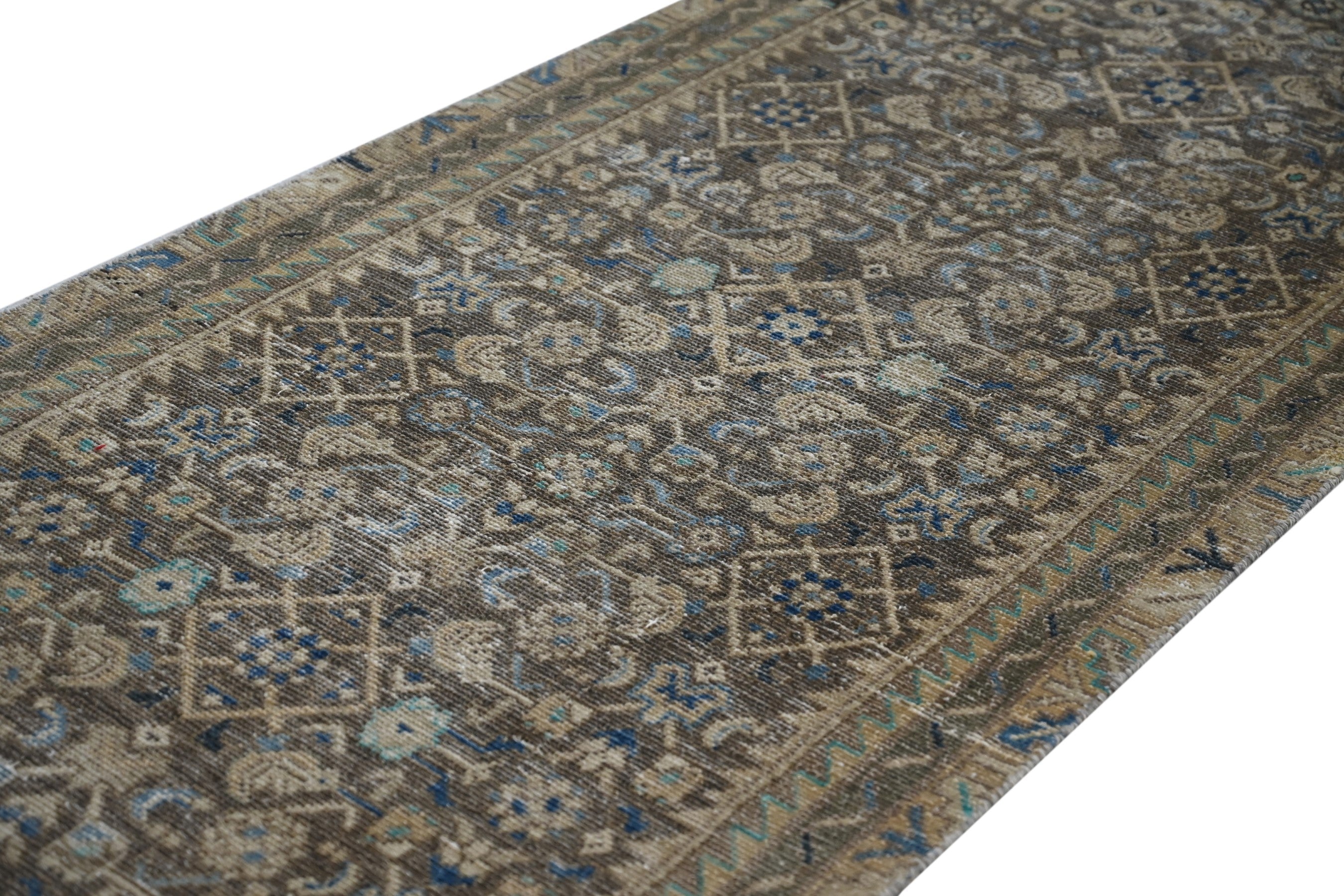 Persian Hamedan runner rug in charcoal and antique gold, view 4 of 20