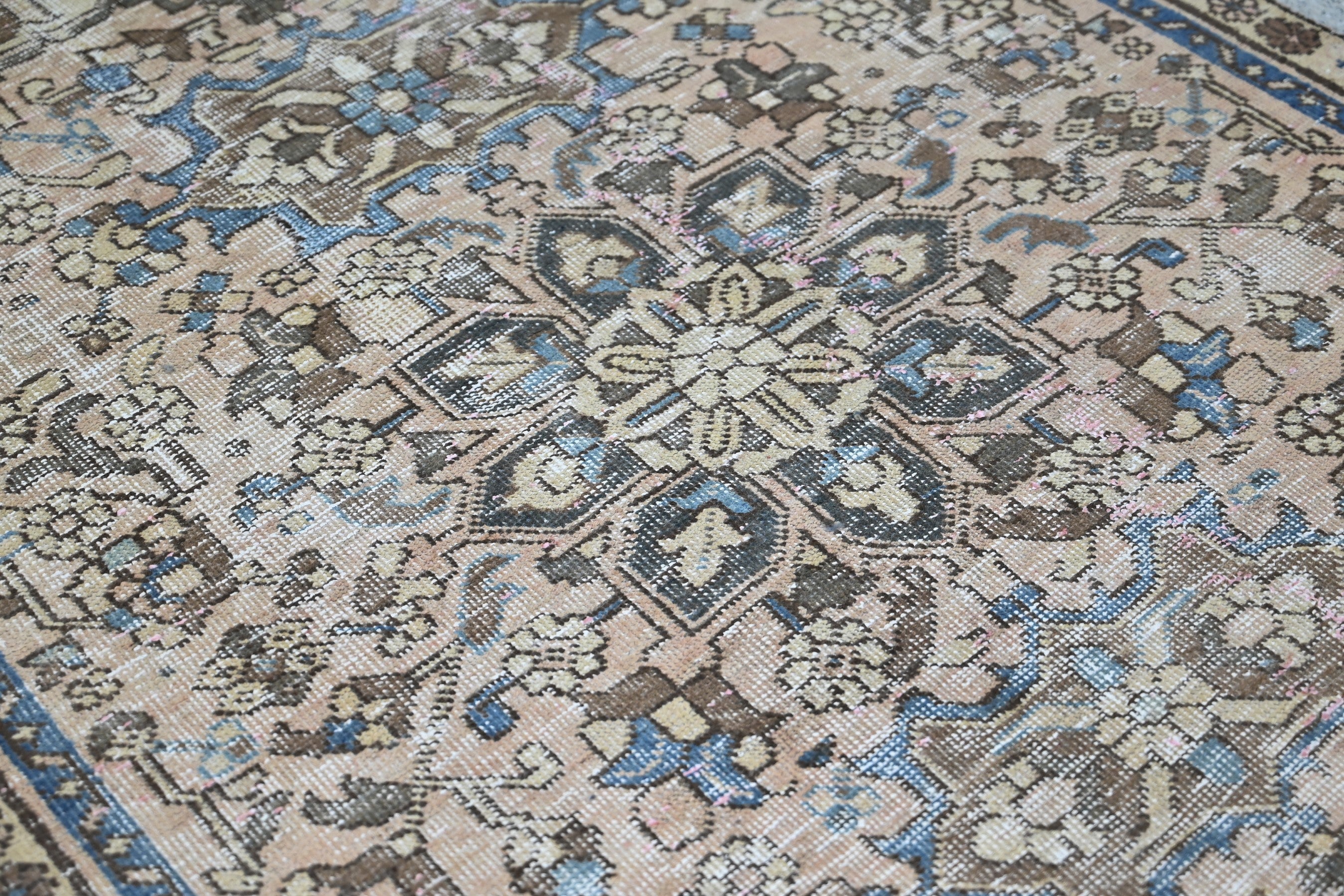 Persian Gharajeh runner rug in cream and dusty blue, view 11 of 18