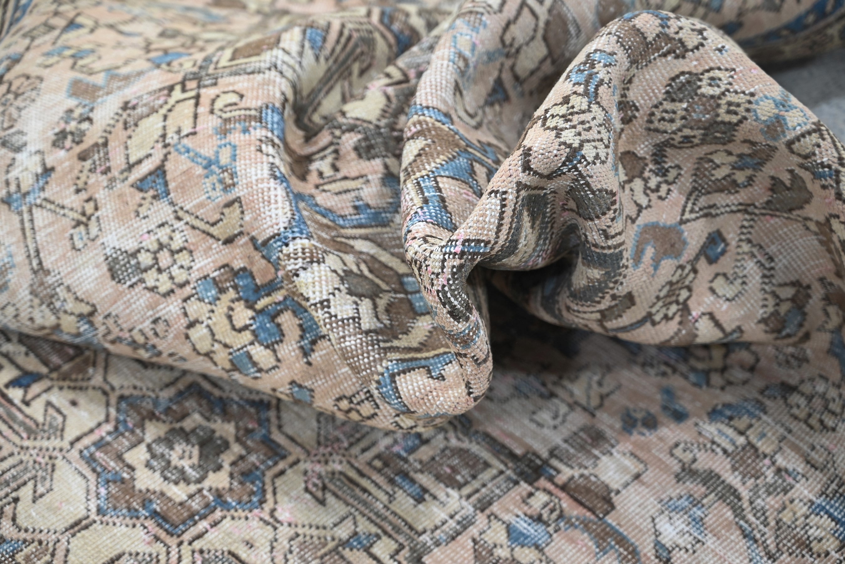 Persian Gharajeh runner rug in cream and dusty blue, view 14 of 18