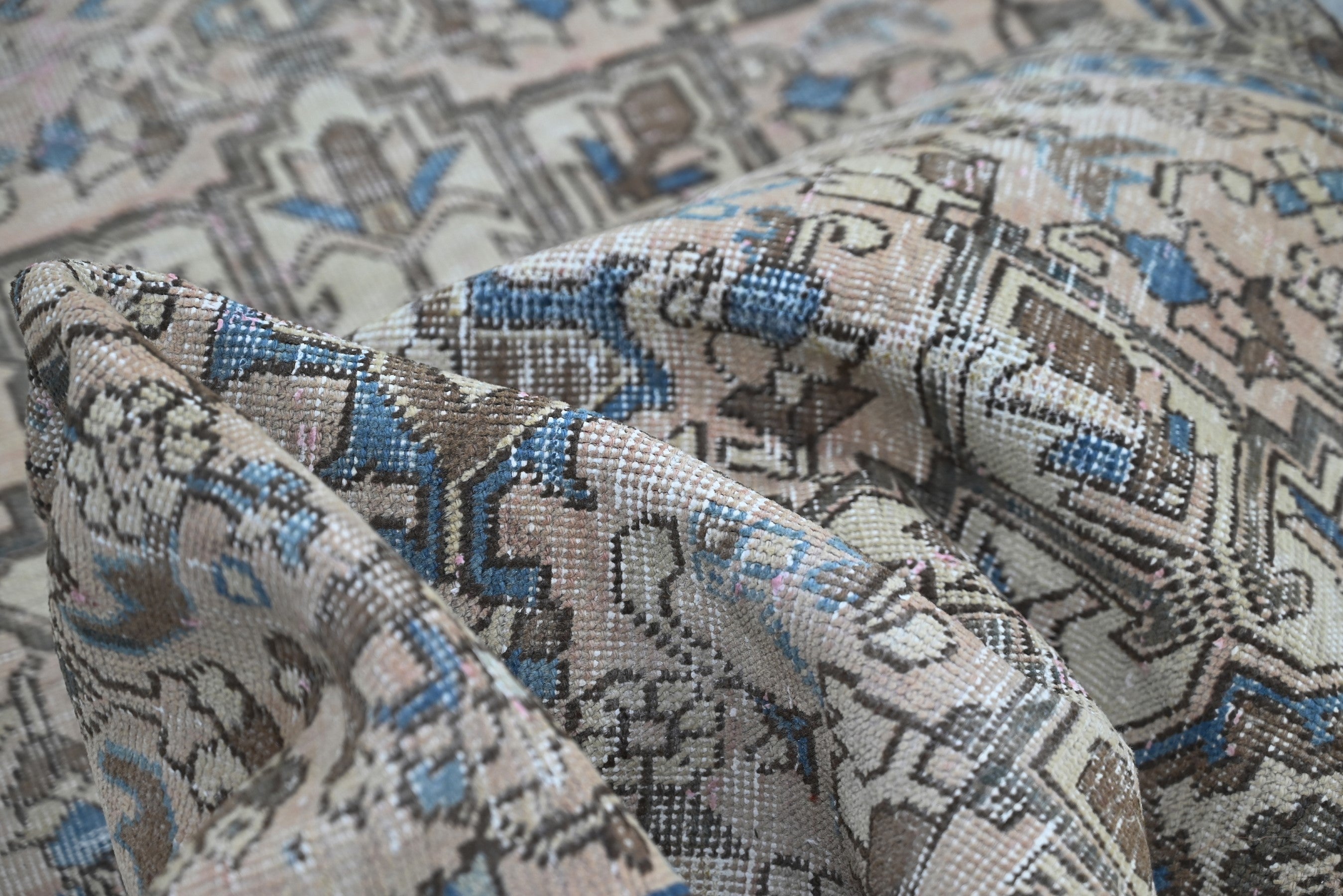 Persian Gharajeh runner rug in cream and dusty blue, view 16 of 18