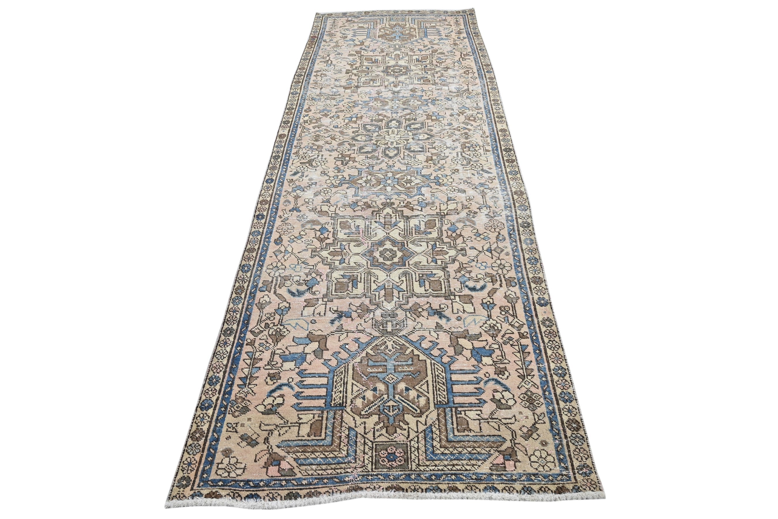 Persian Gharajeh runner rug in cream and dusty blue, view 3 of 18