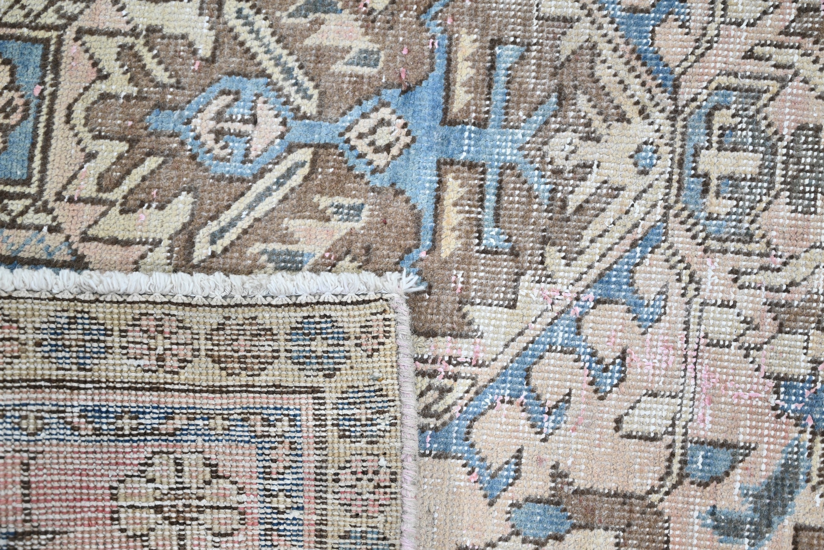 Persian Gharajeh runner rug in cream and dusty blue, view 18 of 18