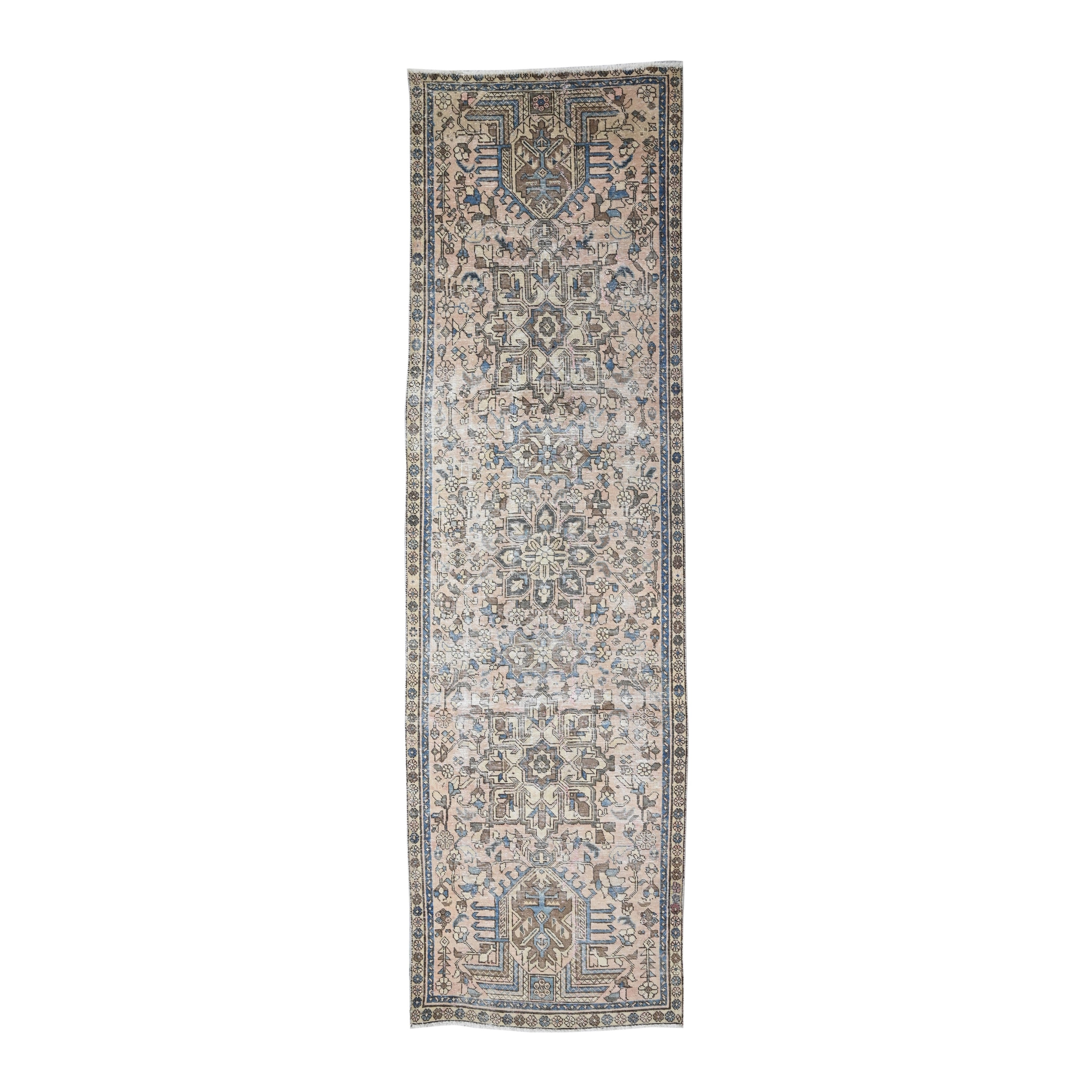 Persian Gharajeh runner rug in cream and dusty blue, 3'4" x 10'6"