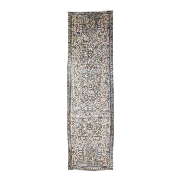 Persian Gharajeh runner rug in cream and dusty blue, 3'4" x 10'6"