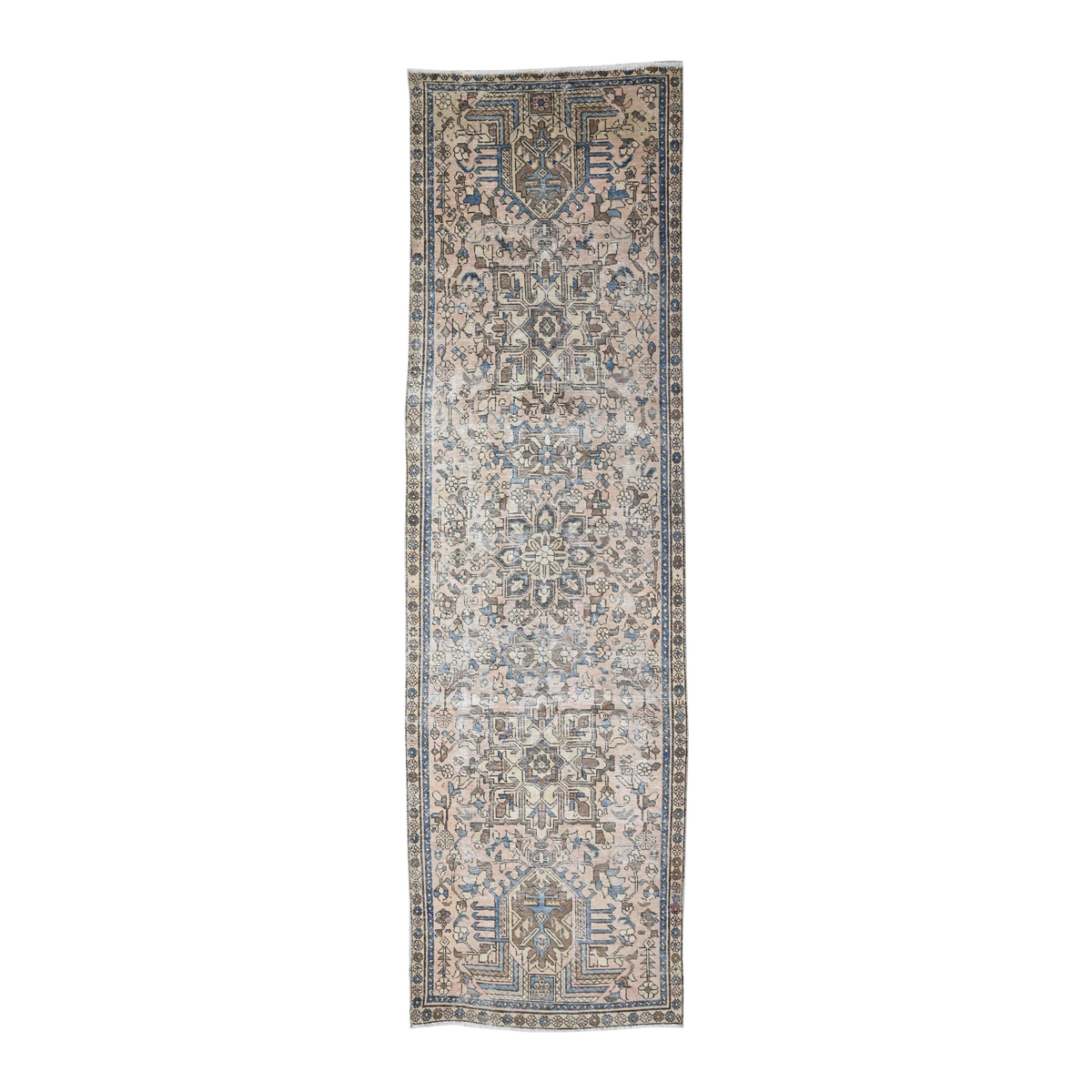 Persian Gharajeh runner rug in cream and dusty blue, 3'4" x 10'6"
