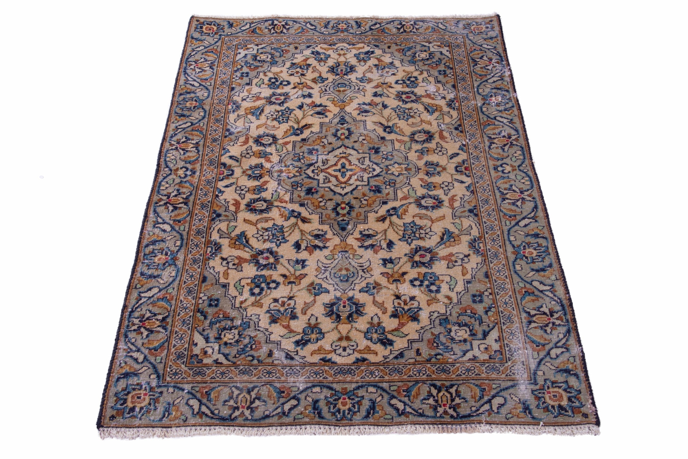 Persian Kashan accent rug in cream and denim, view 2 of 14
