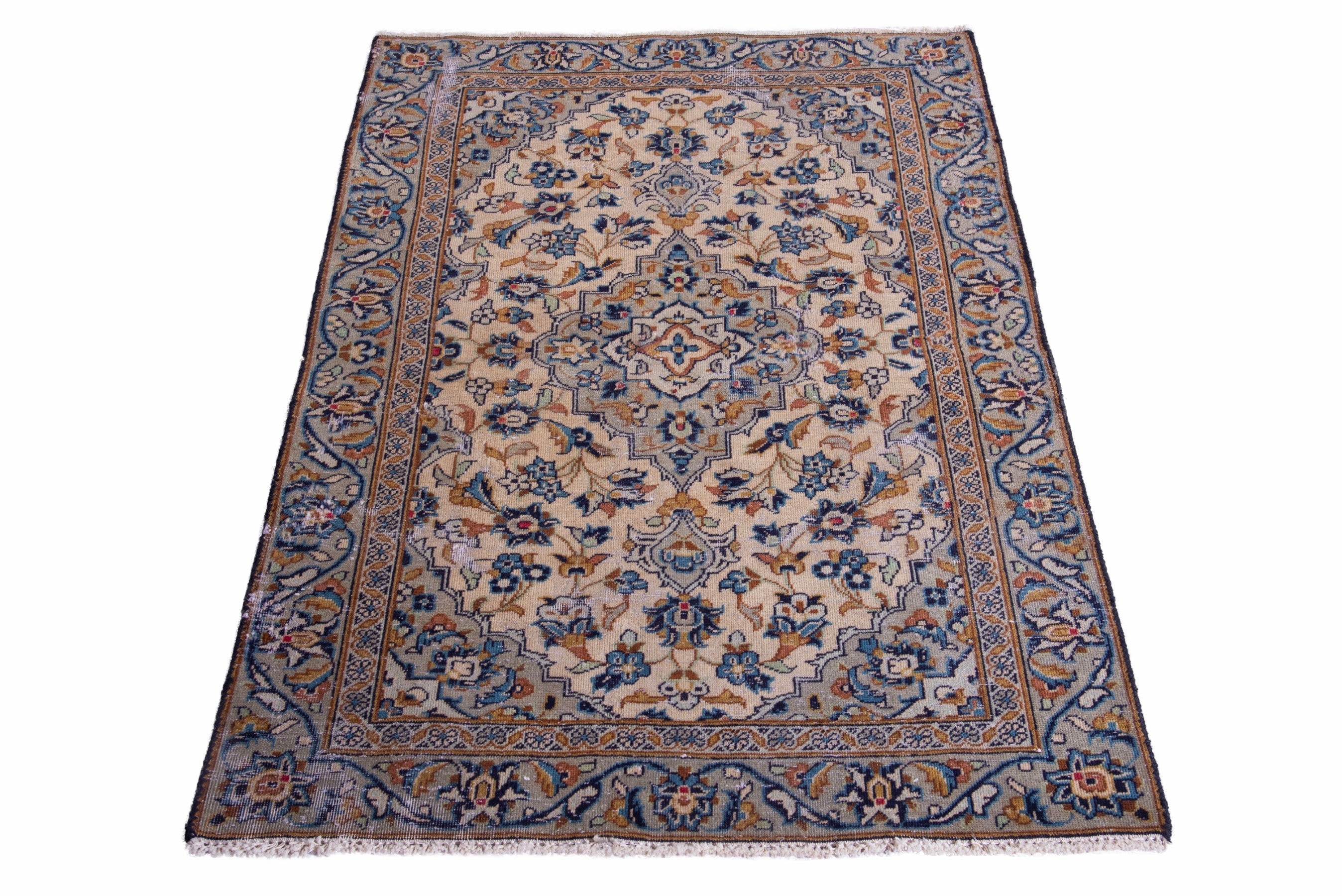 Persian Kashan accent rug in cream and denim, view 3 of 14