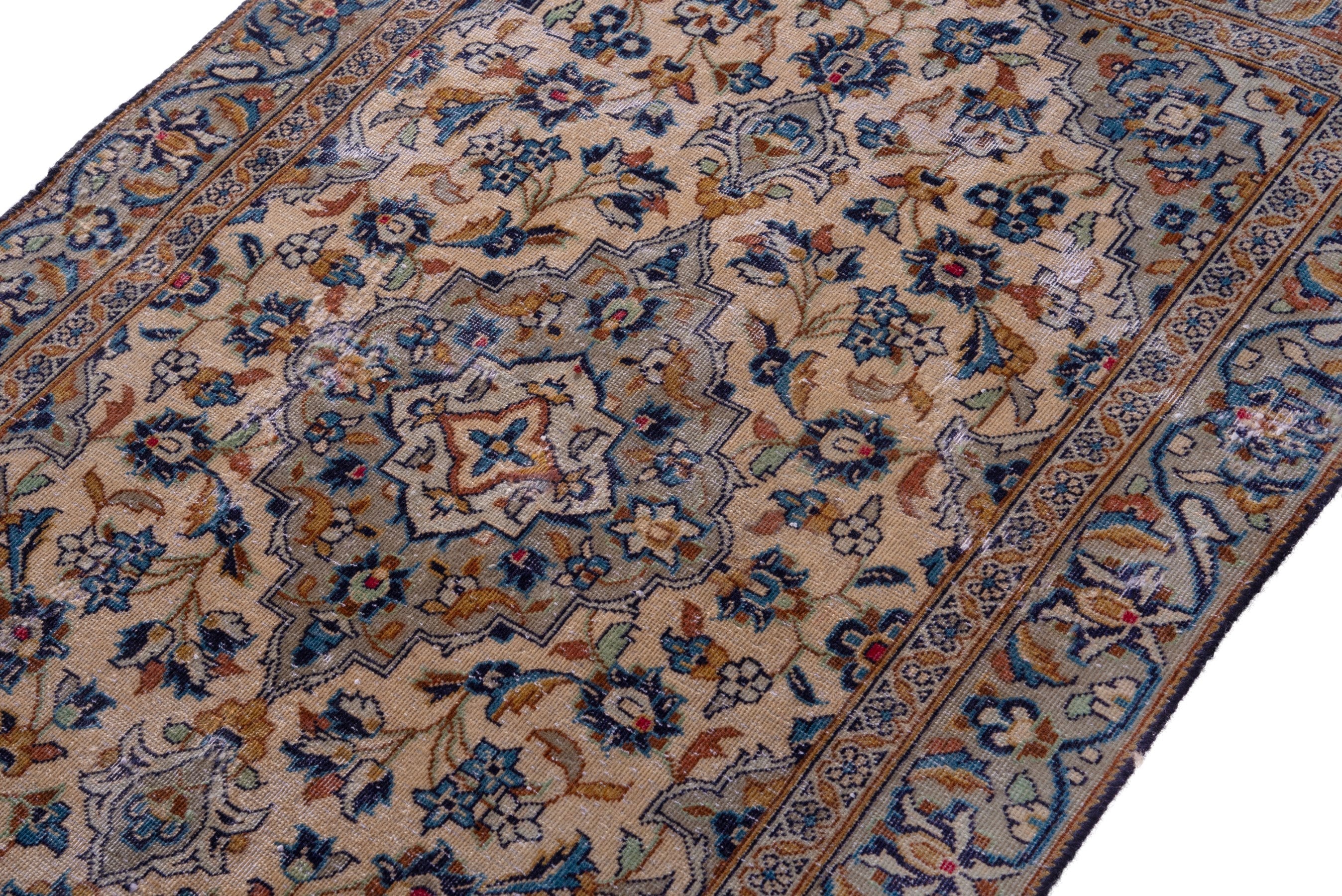 Persian Kashan accent rug in cream and denim, view 4 of 14