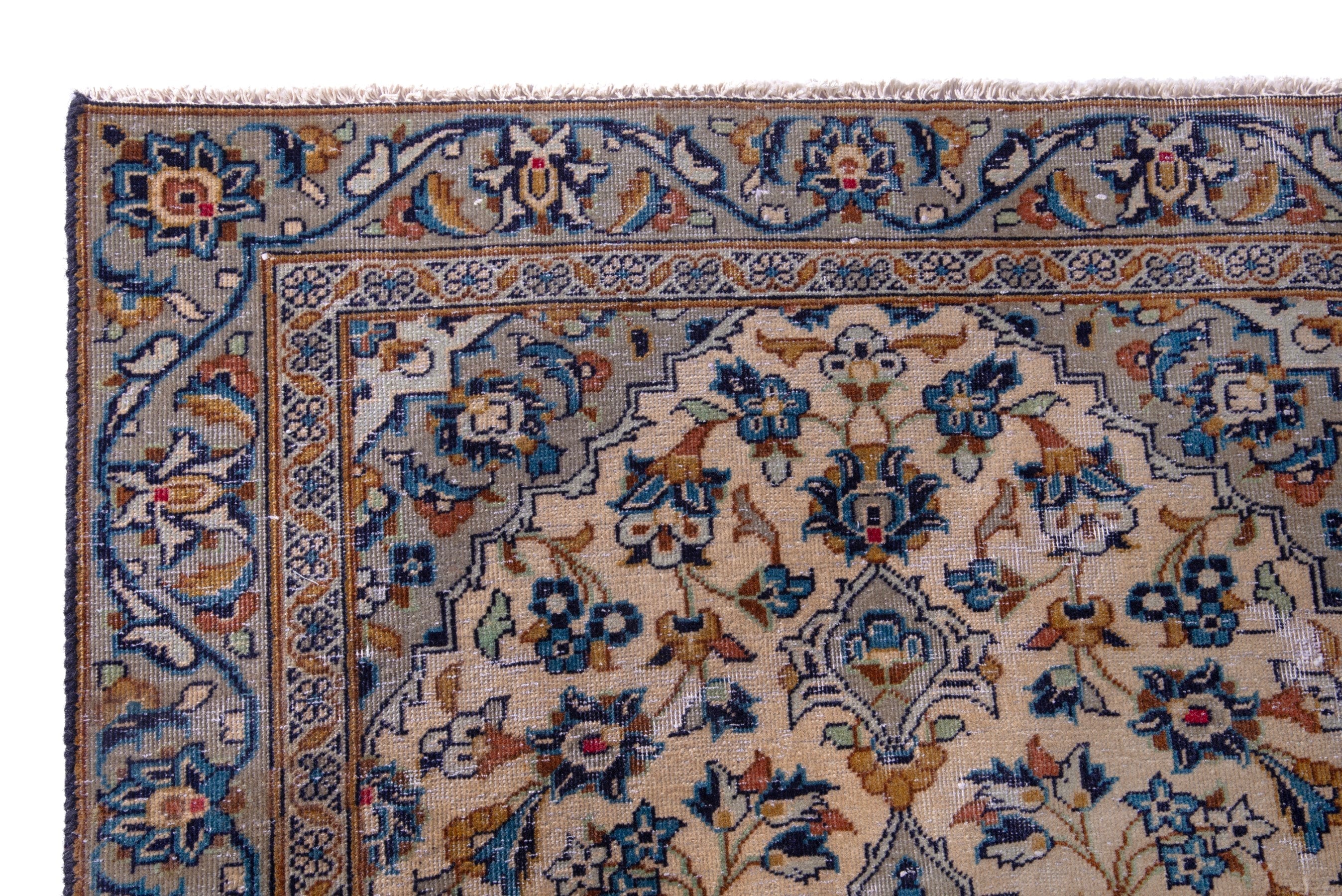 Persian Kashan accent rug in cream and denim, view 5 of 14