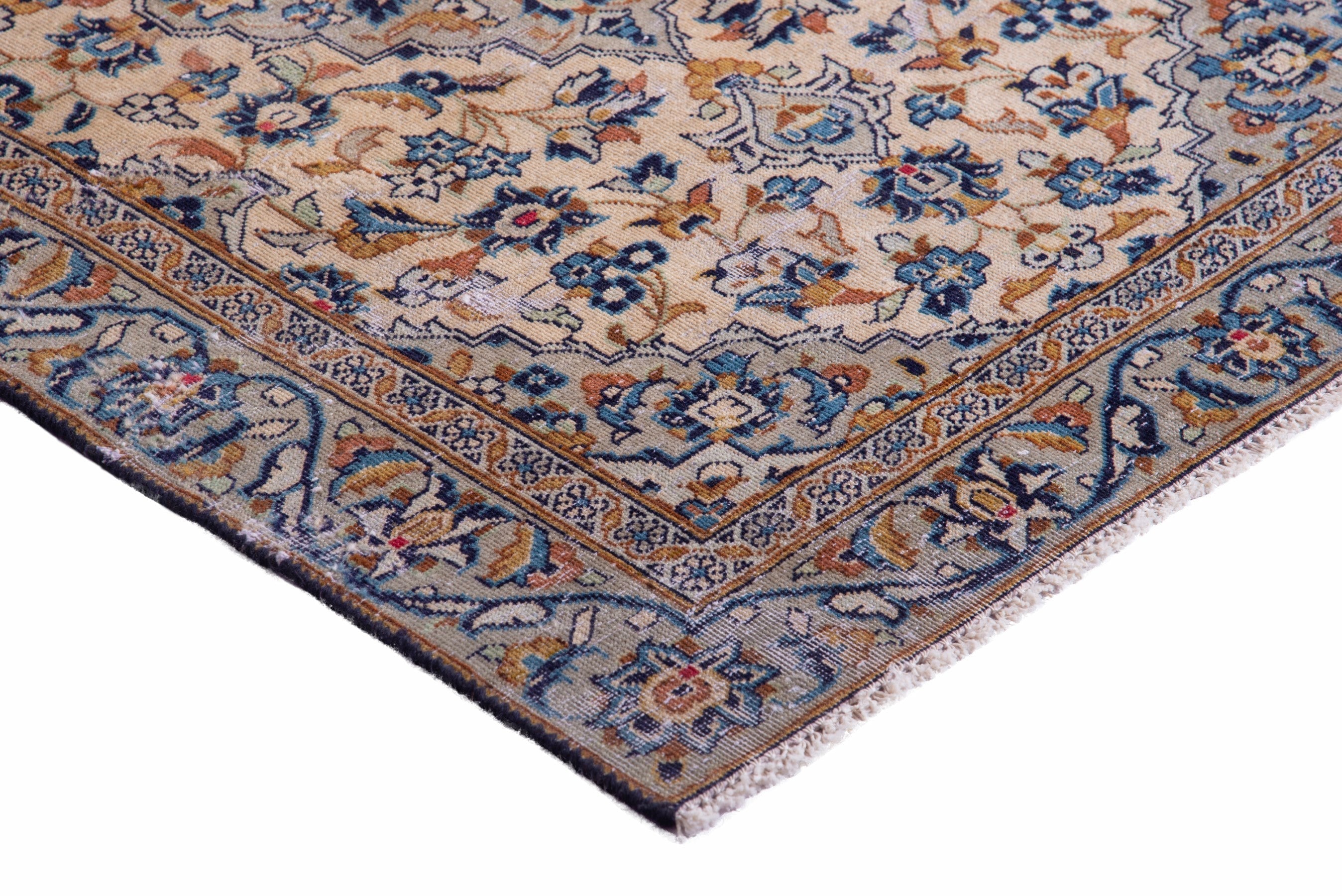 Persian Kashan accent rug in cream and denim, view 6 of 14