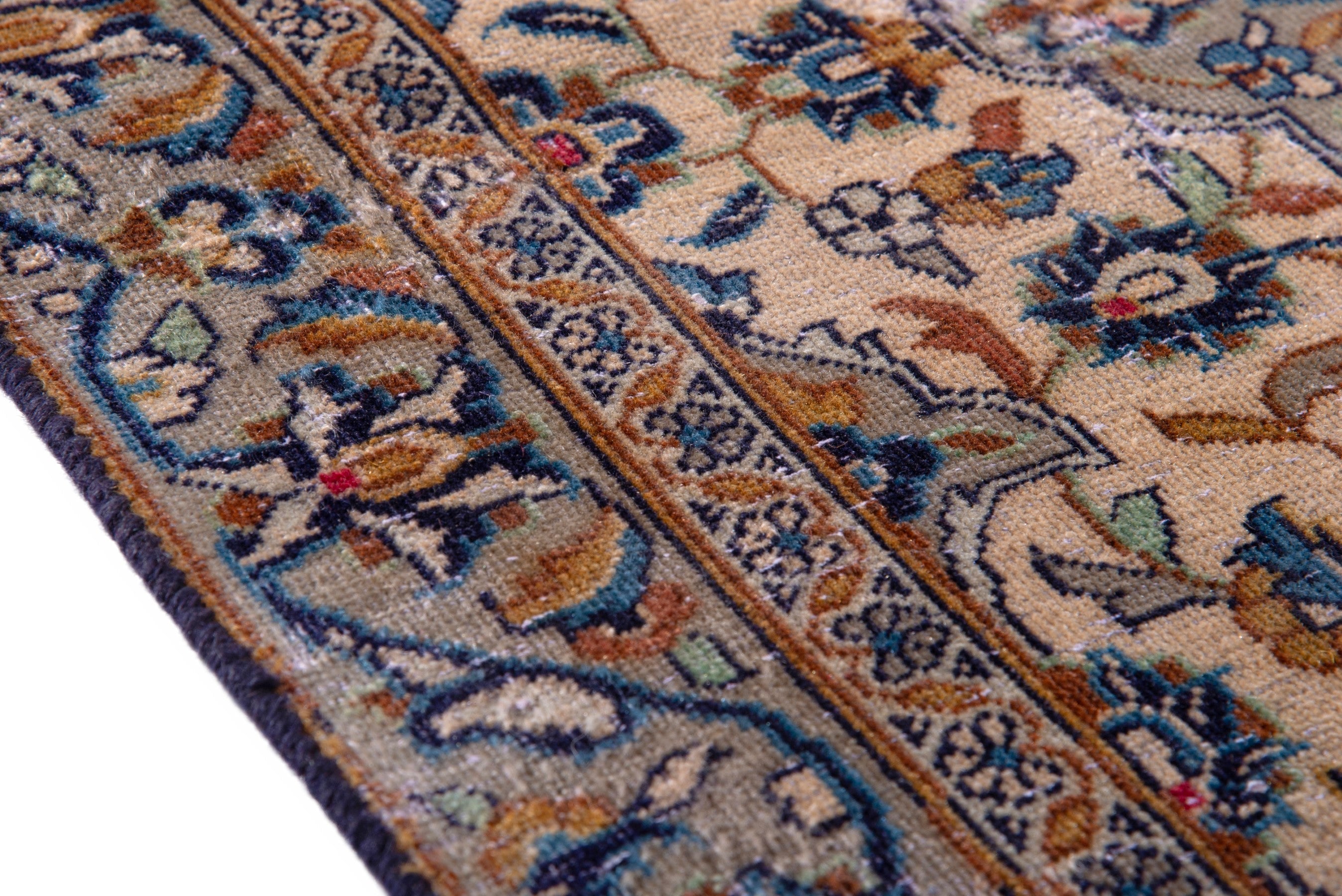 Persian Kashan accent rug in cream and denim, view 8 of 14