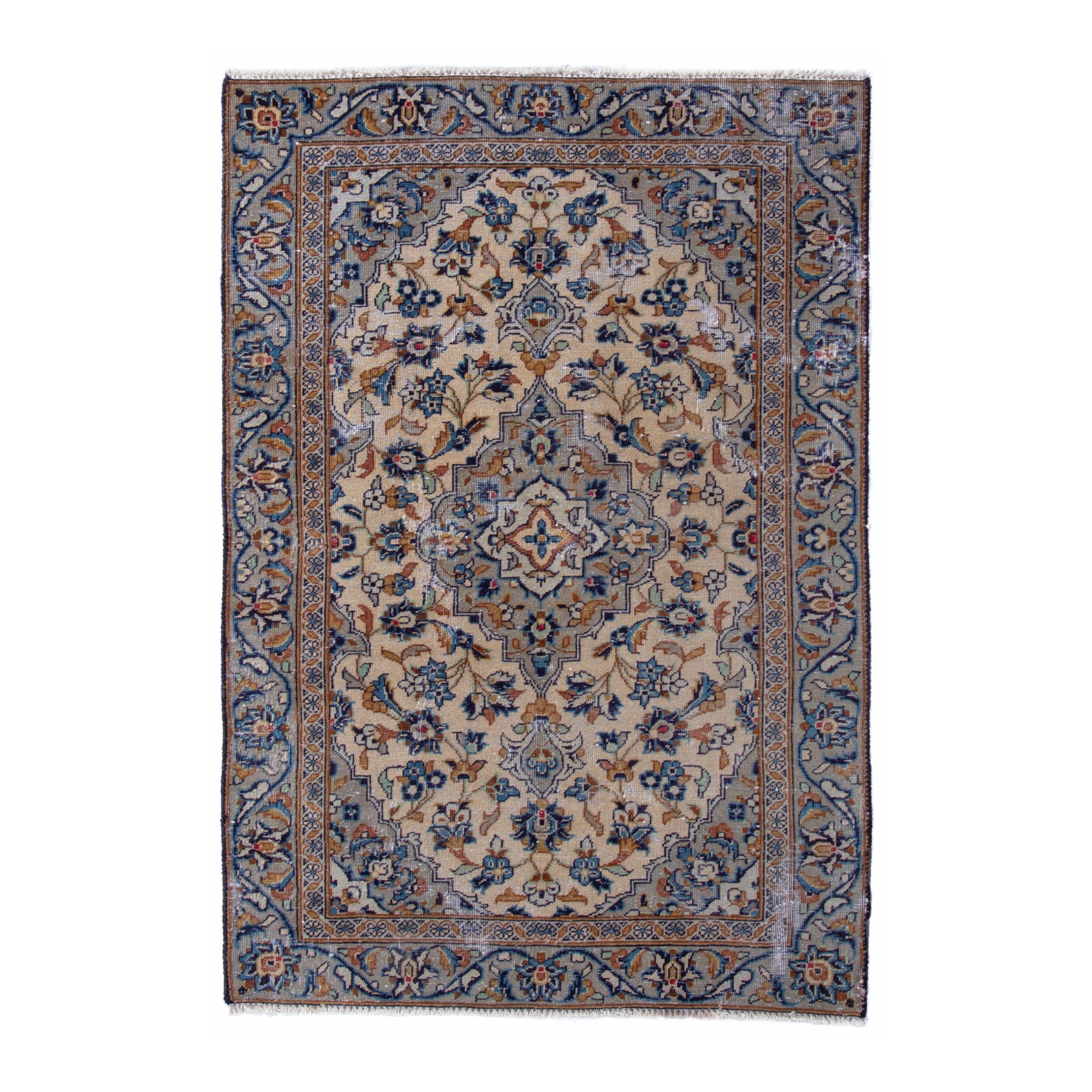 Persian Kashan accent rug in cream and denim, 2'11" x 4'3"
