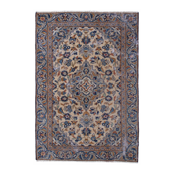 Persian Kashan accent rug in cream and denim, 2'11" x 4'3"