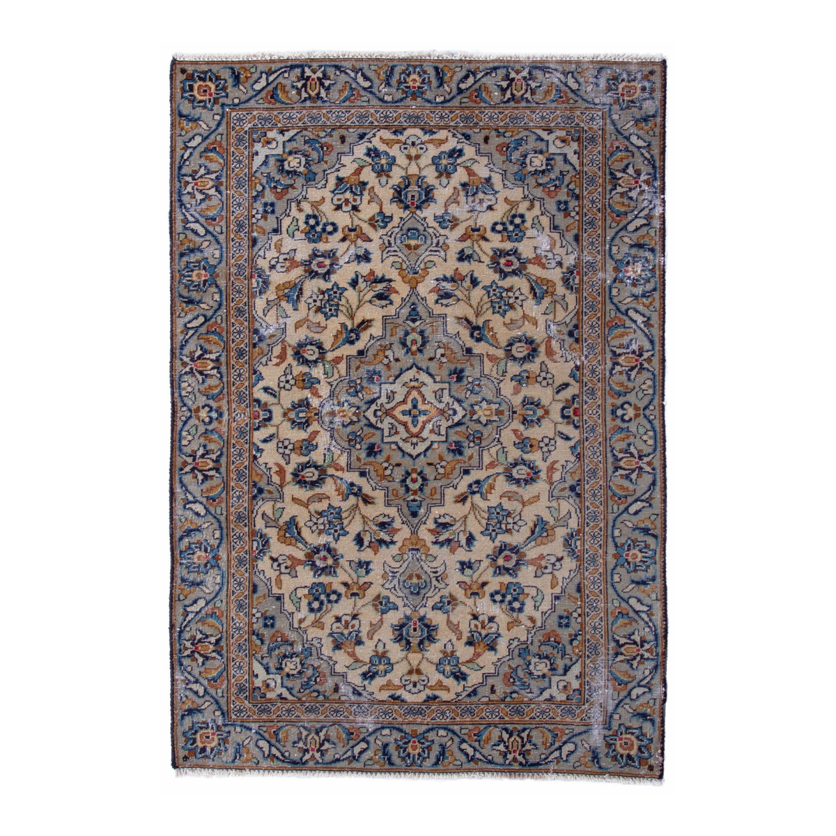 Persian Kashan accent rug in cream and denim, 2'11" x 4'3"