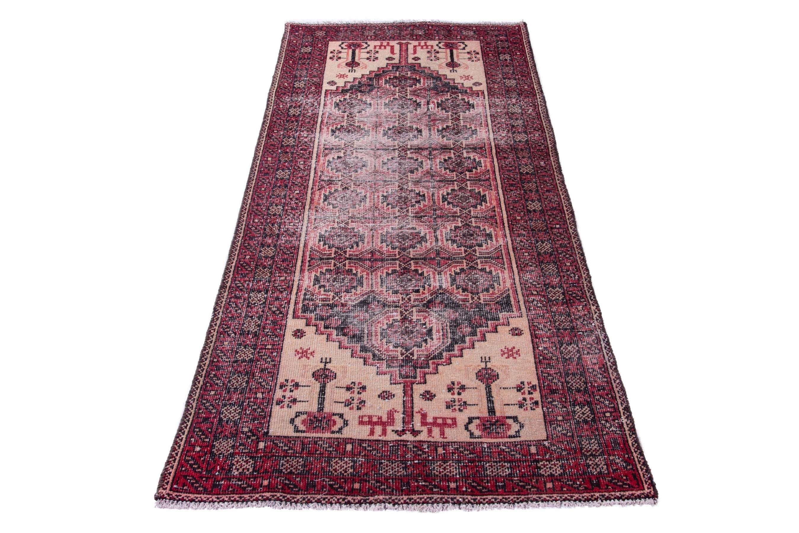 Persian Baluch runner rug in burgundy and faded red, view 2 of 15