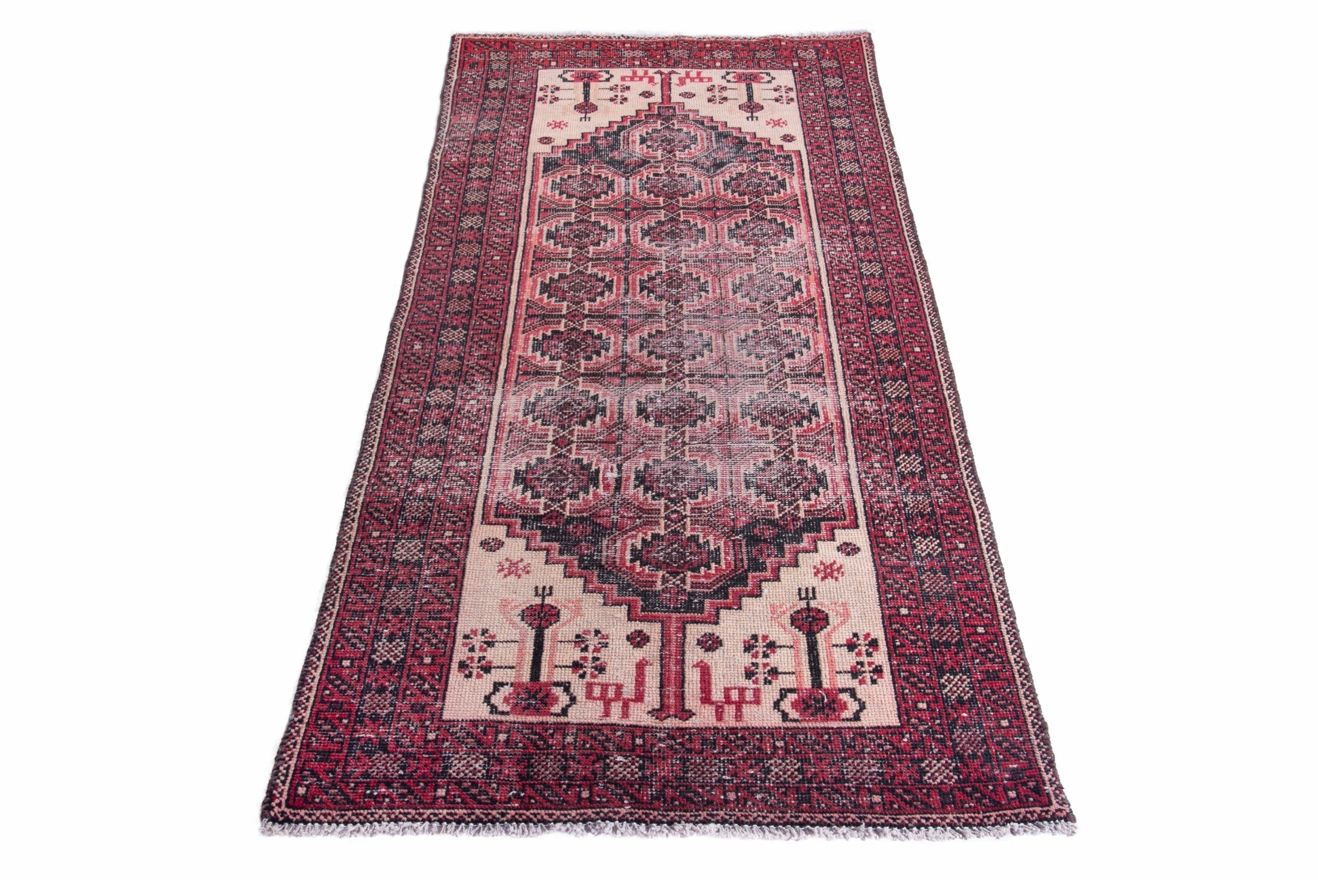 Persian Baluch runner rug in burgundy and faded red, view 3 of 15