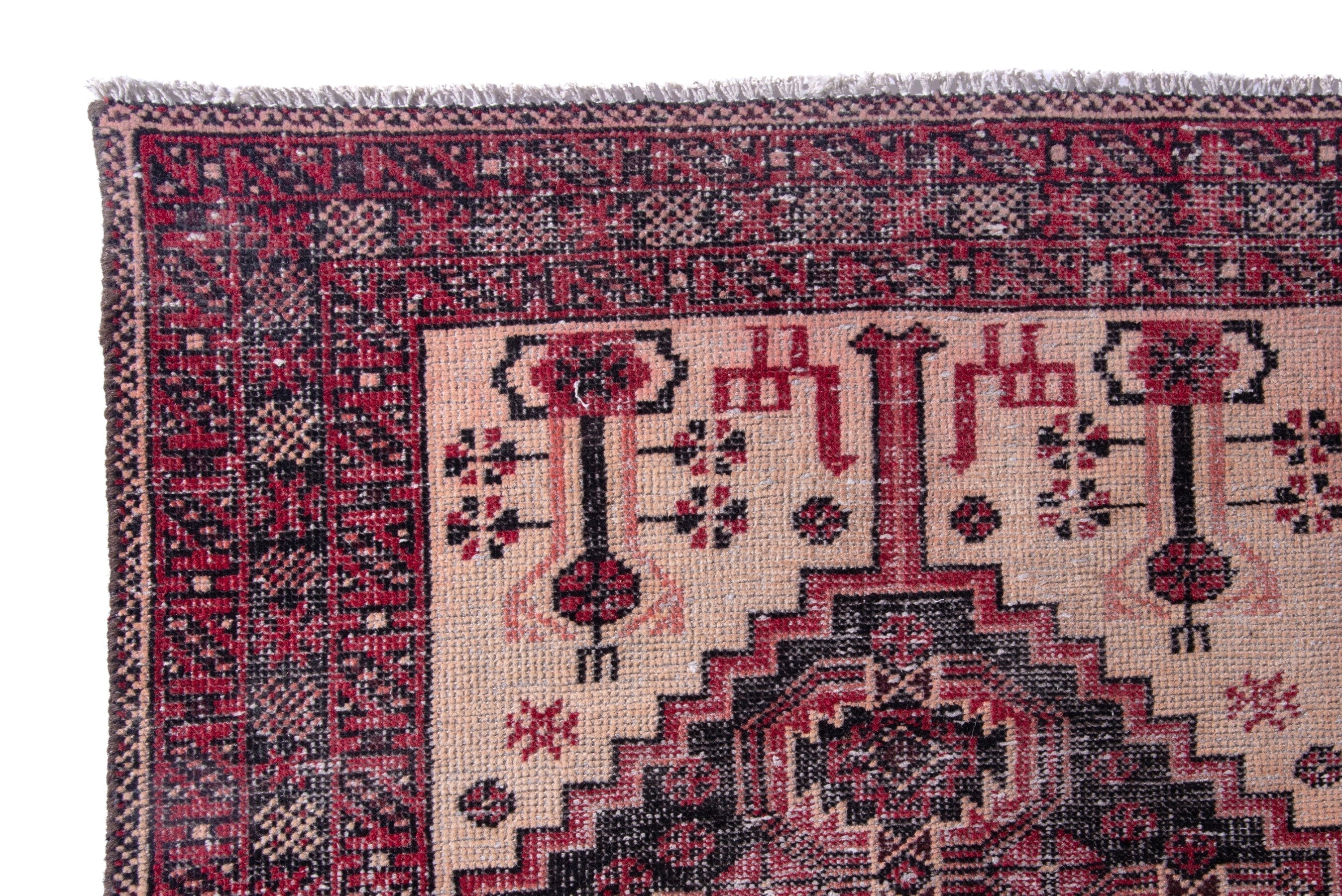 Persian Baluch runner rug in burgundy and faded red, view 5 of 15
