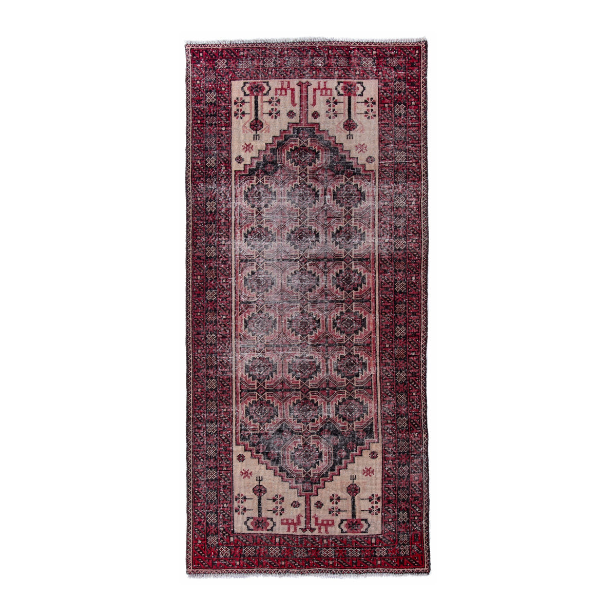 Persian Baluch runner rug in burgundy and faded red, 2'11" x 6'6"
