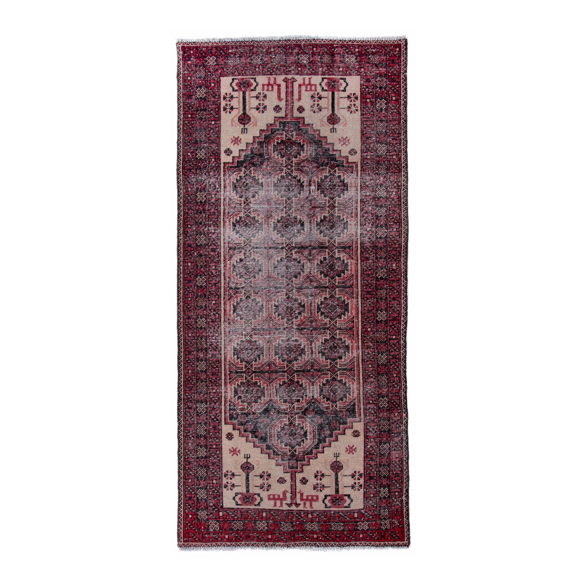 Persian Baluch runner rug in burgundy and faded red, 2'11" x 6'6"