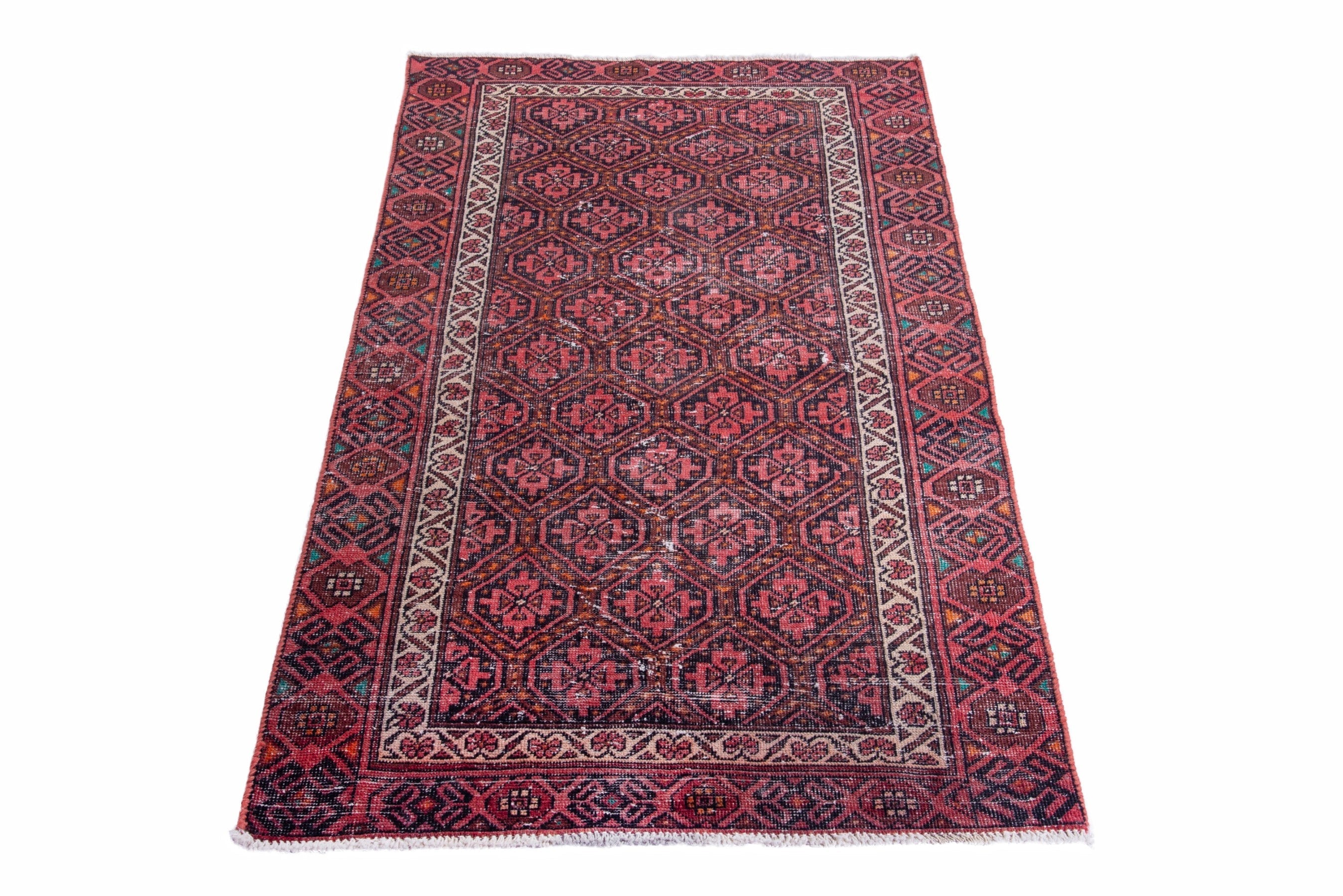 Persian Baluch accent rug in deep red and cream, view 3 of 16