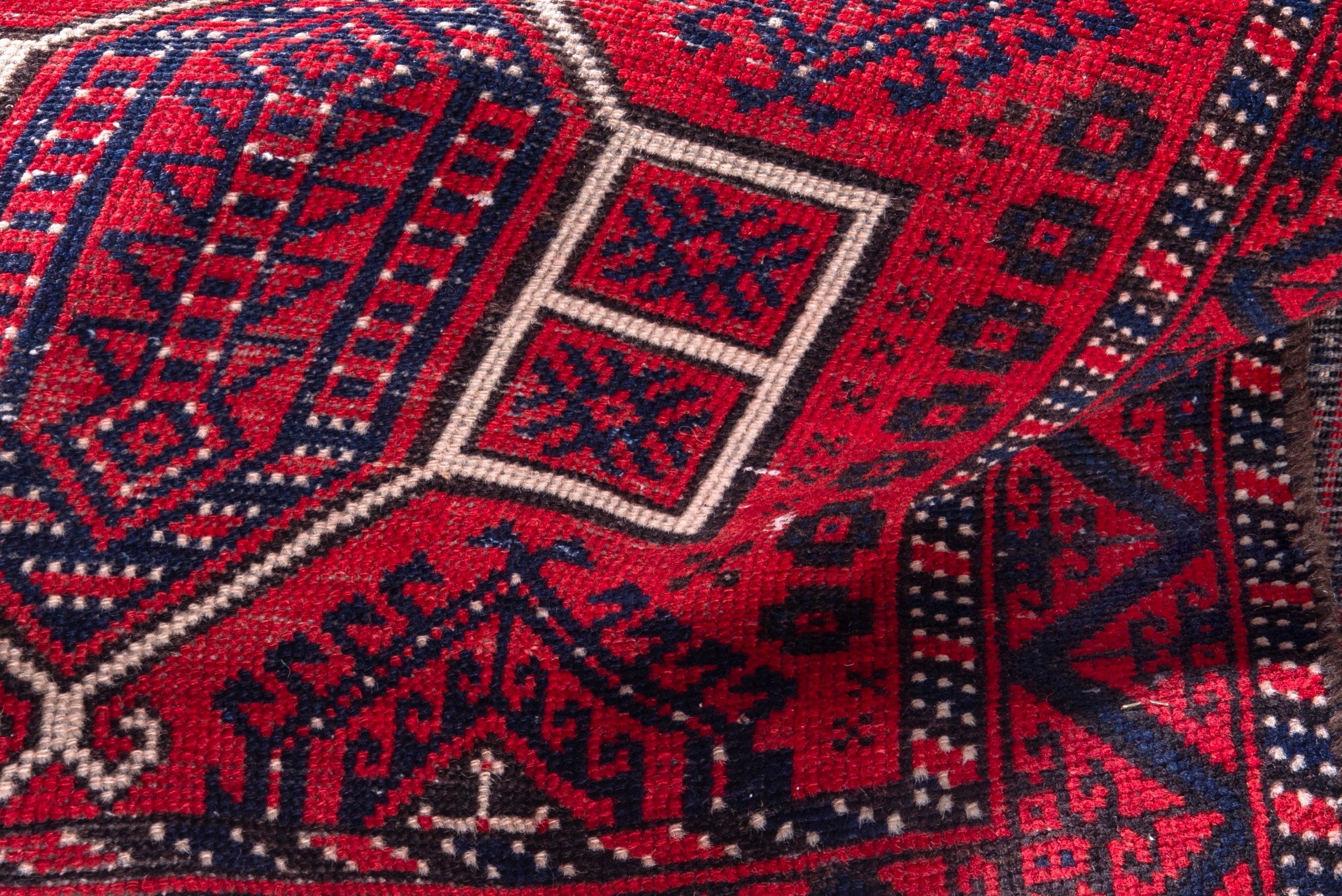 Persian Baluch runner rug in deep red and burgundy, view 14 of 17