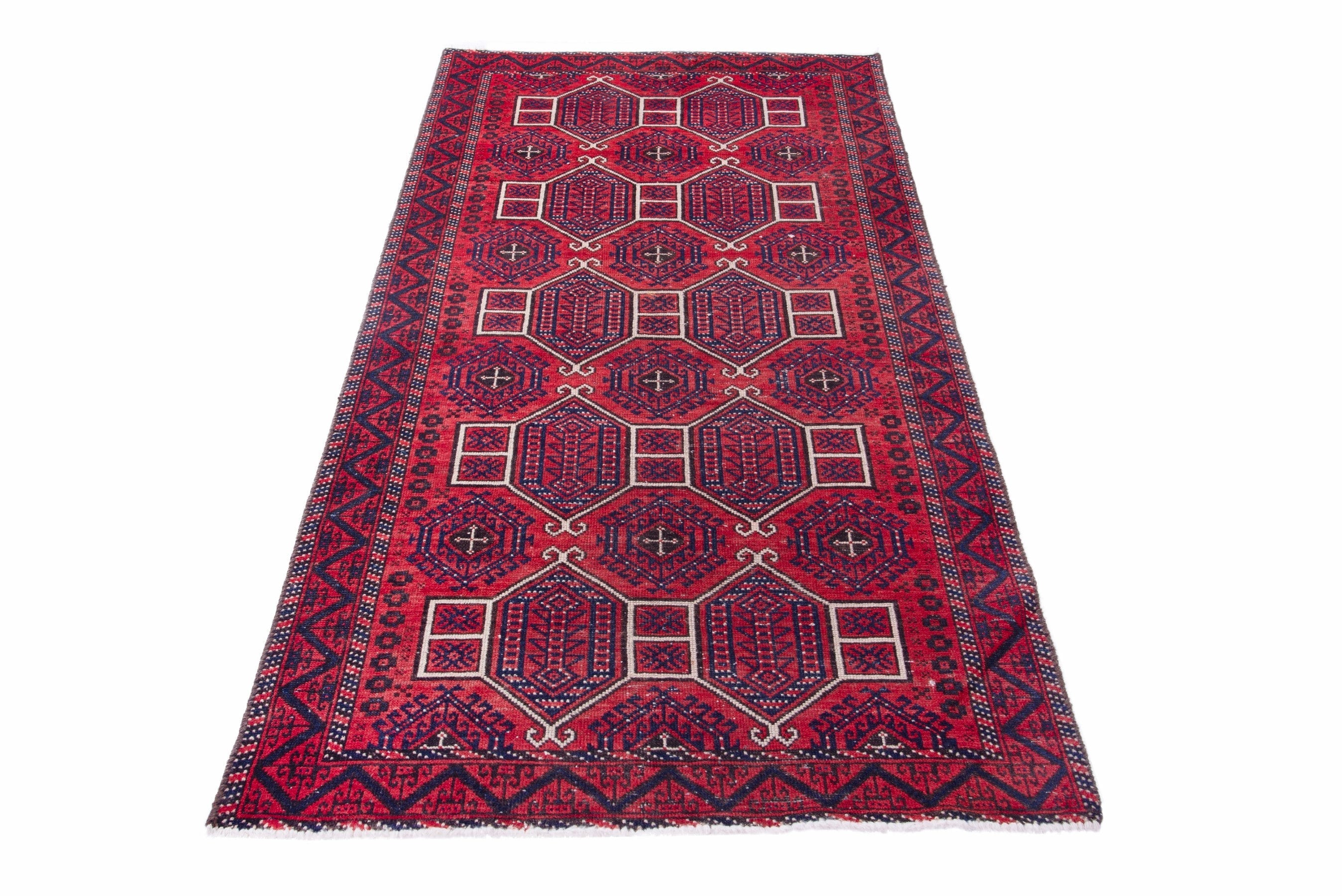 Persian Baluch runner rug in deep red and burgundy, view 2 of 17