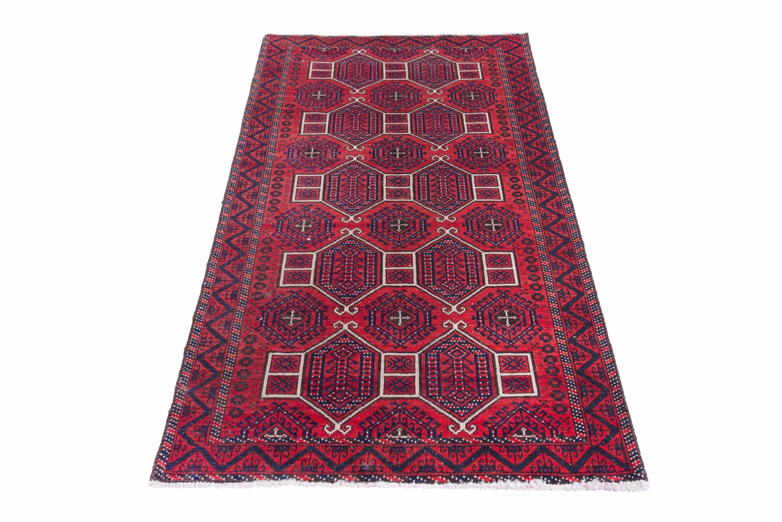 Persian Baluch runner rug in deep red and burgundy, view 3 of 17