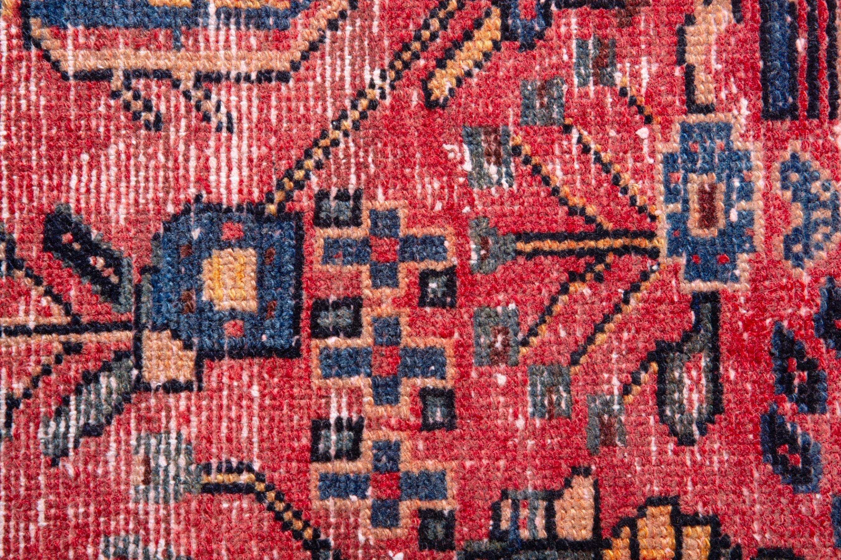 Persian Hamedan accent rug in faded red and navy, view 13 of 16