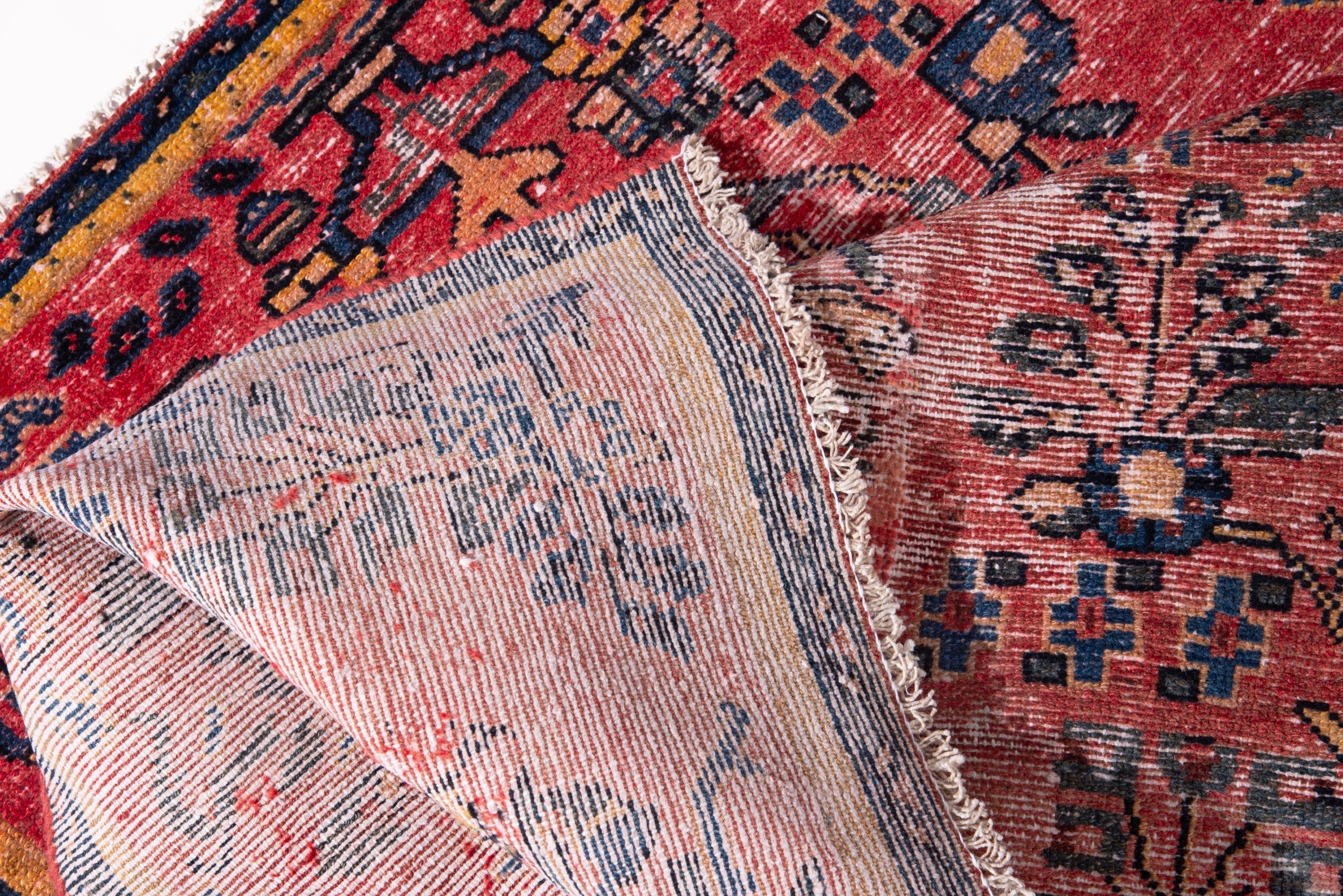 Persian Hamedan accent rug in faded red and navy, view 14 of 16