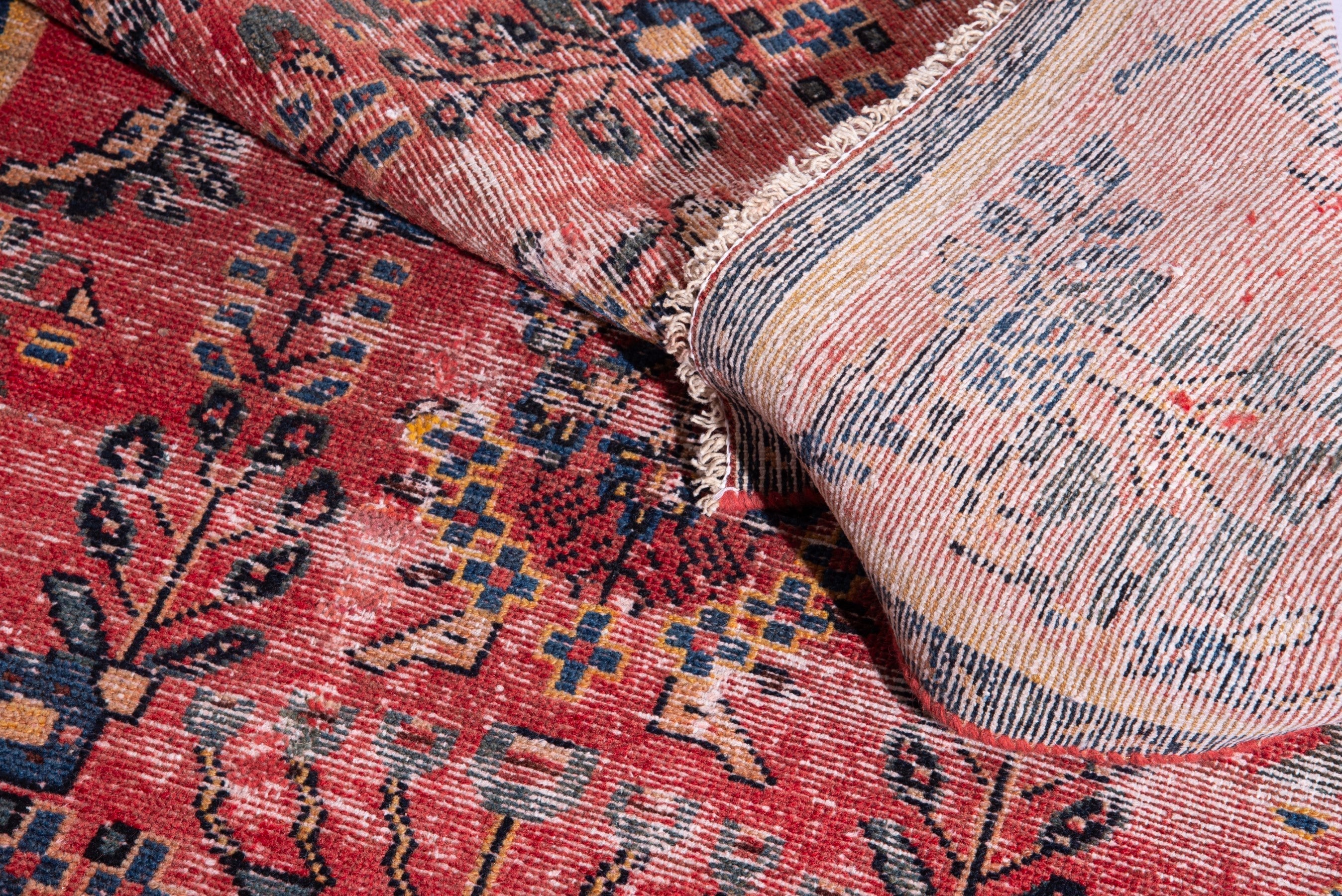 Persian Hamedan accent rug in faded red and navy, view 15 of 16