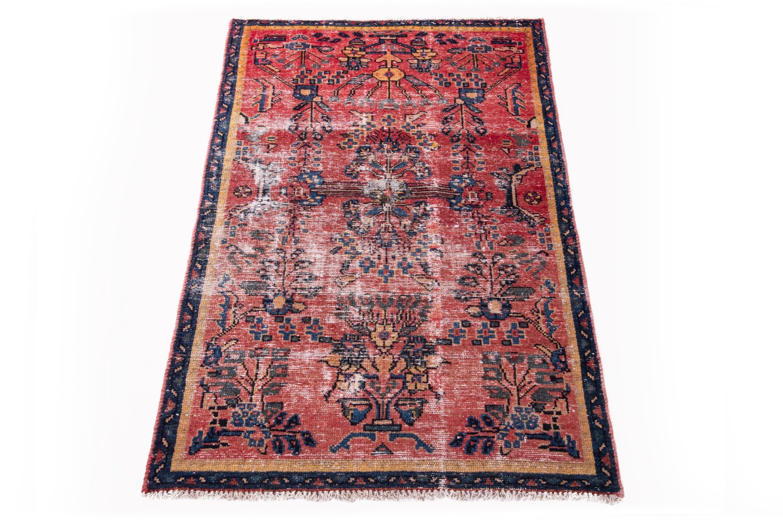 Persian Hamedan accent rug in faded red and navy, view 2 of 16