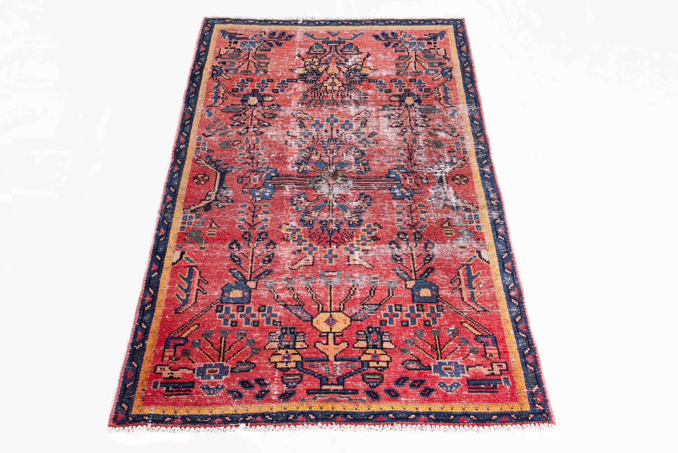 Persian Hamedan accent rug in faded red and navy, view 3 of 16