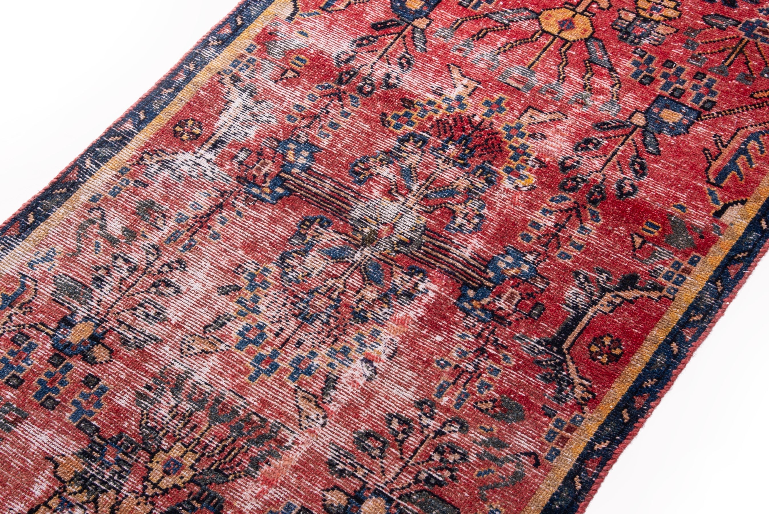 Persian Hamedan accent rug in faded red and navy, view 4 of 16