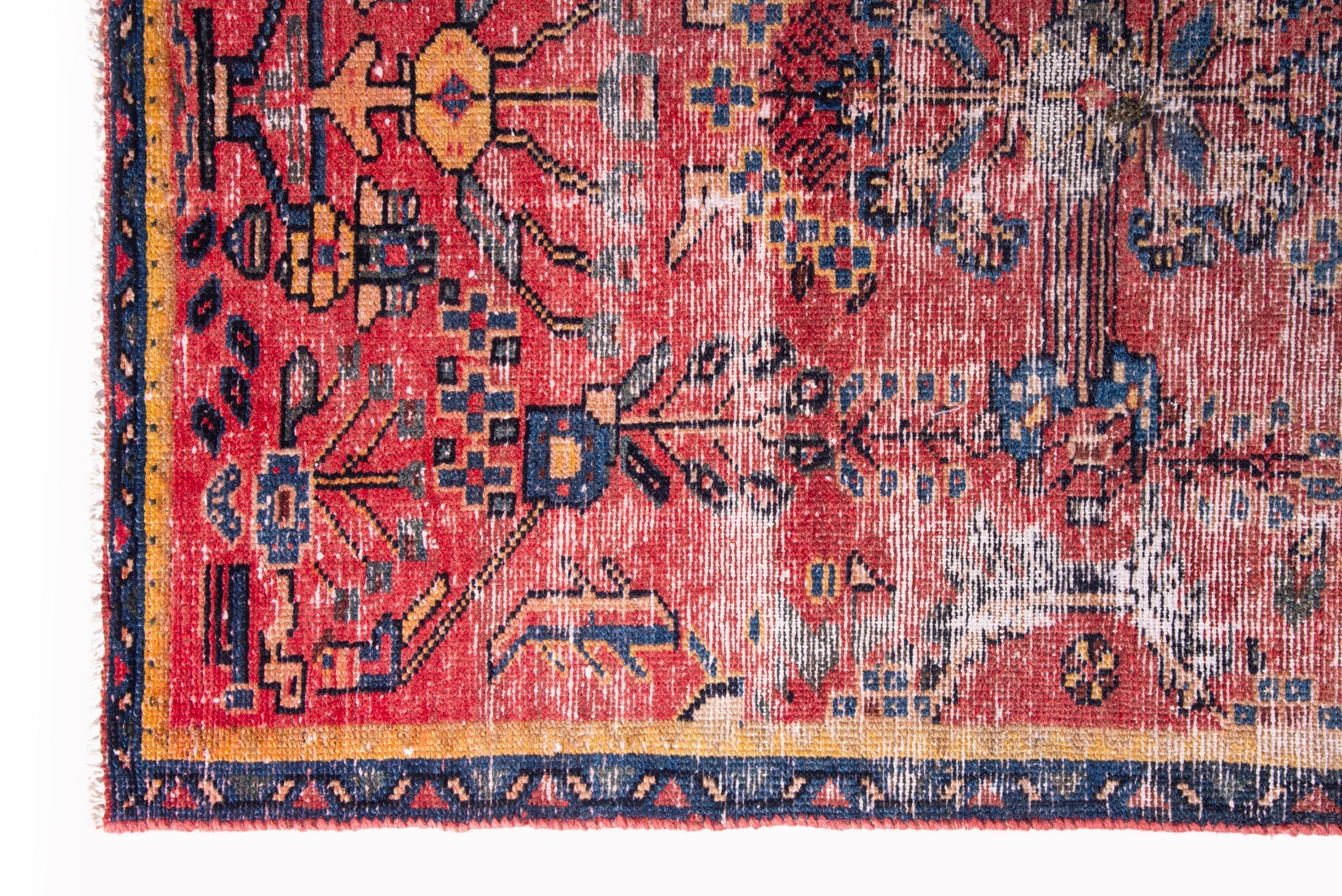 Persian Hamedan accent rug in faded red and navy, view 5 of 16