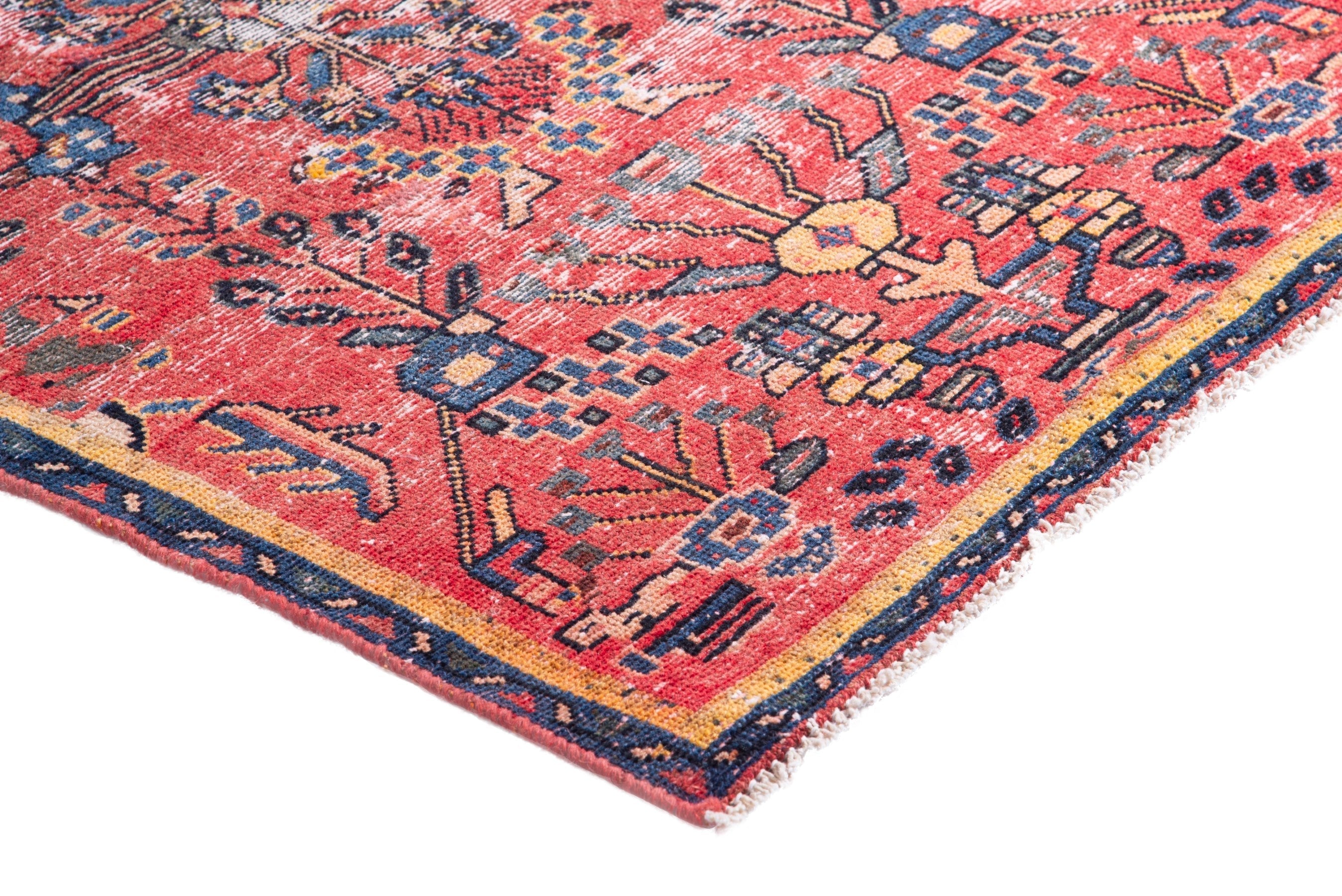 Persian Hamedan accent rug in faded red and navy, view 6 of 16
