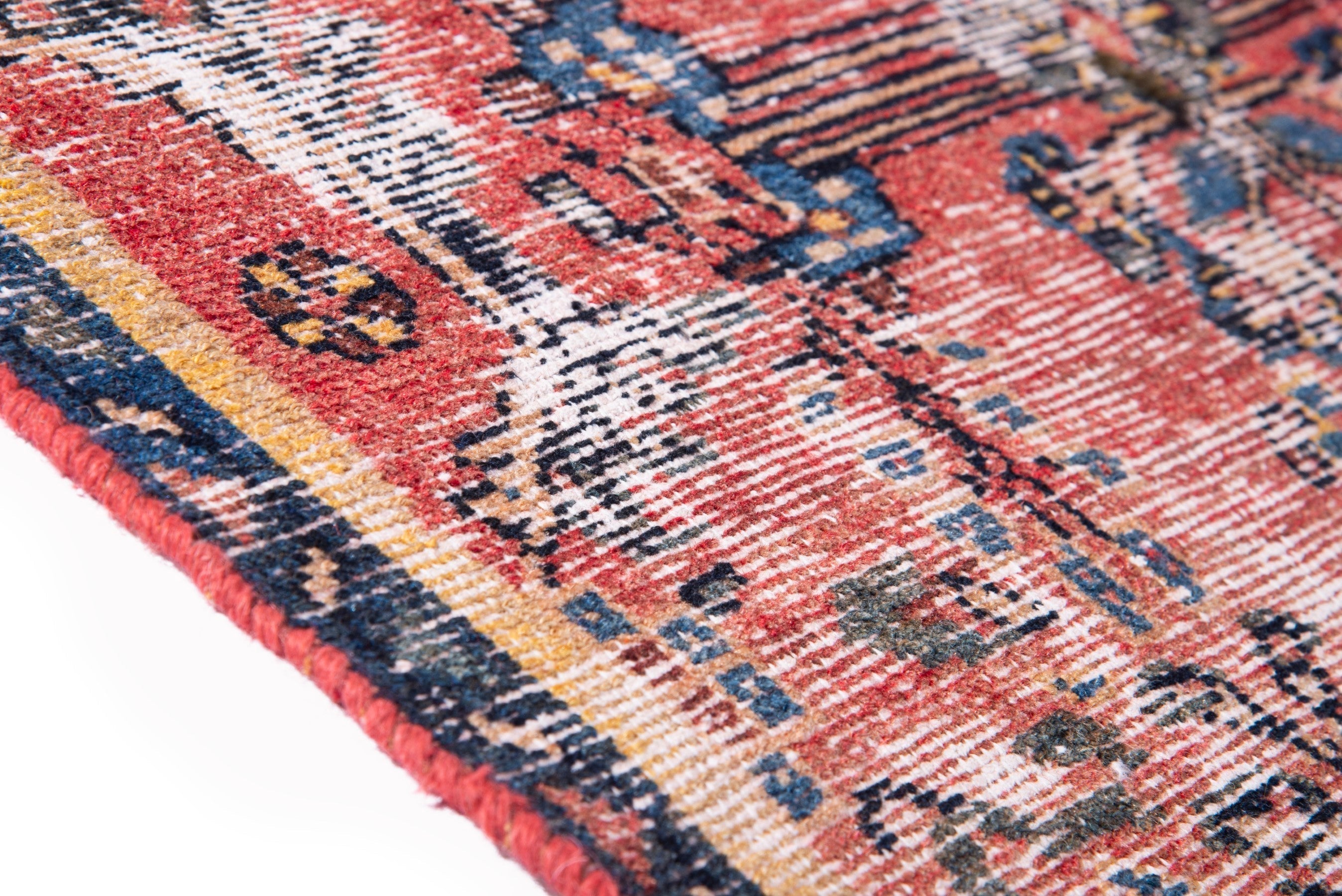 Persian Hamedan accent rug in faded red and navy, view 8 of 16