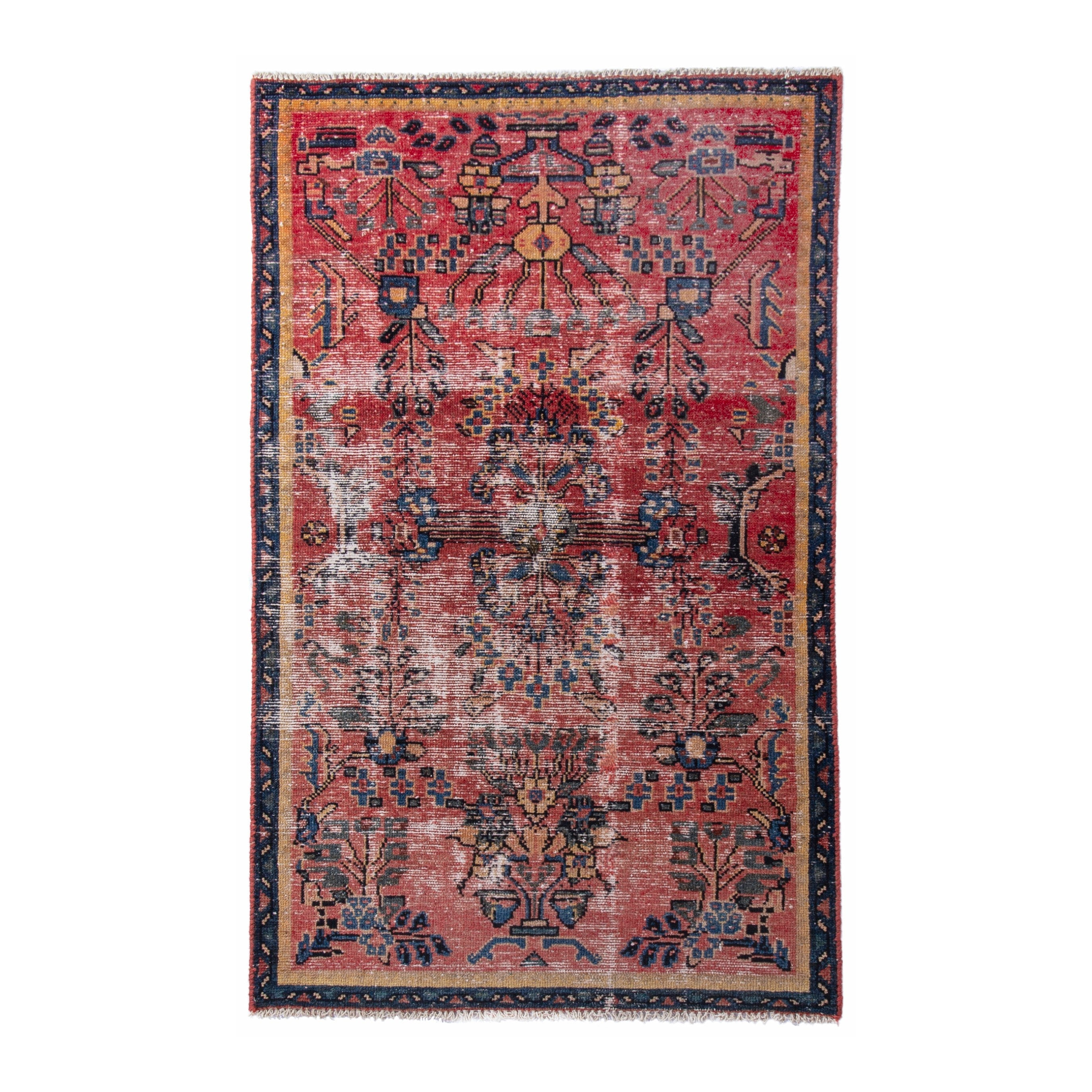 Persian Hamedan accent rug in faded red and navy, 2'7" x 4'2"