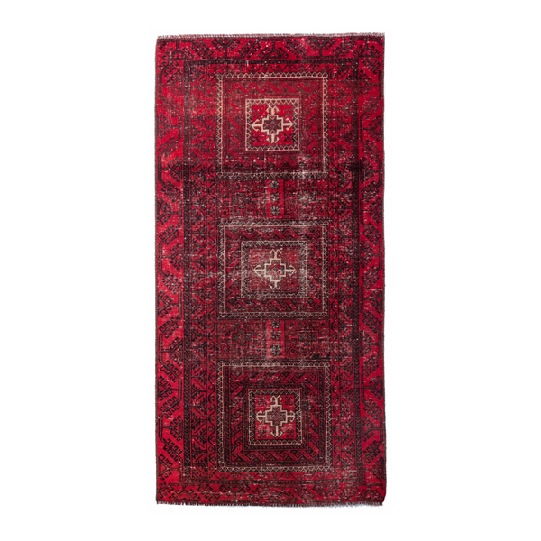 Persian Baluch runner rug in deep red and faded red, 3' x 6'5"