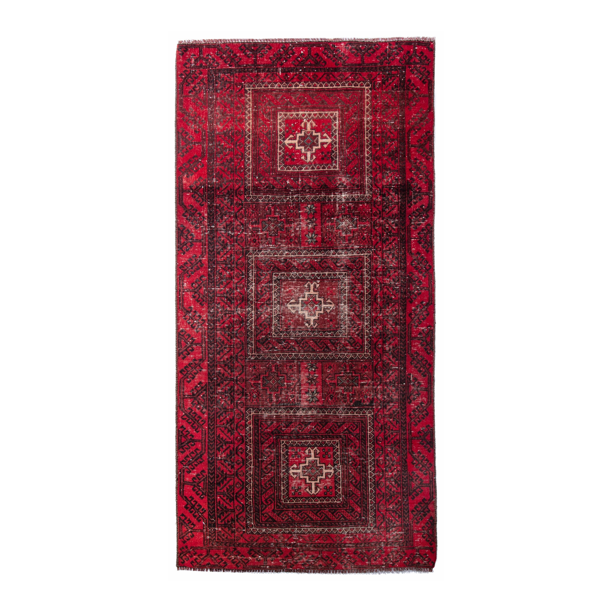 Persian Baluch runner rug in deep red and faded red, 3' x 6'5"