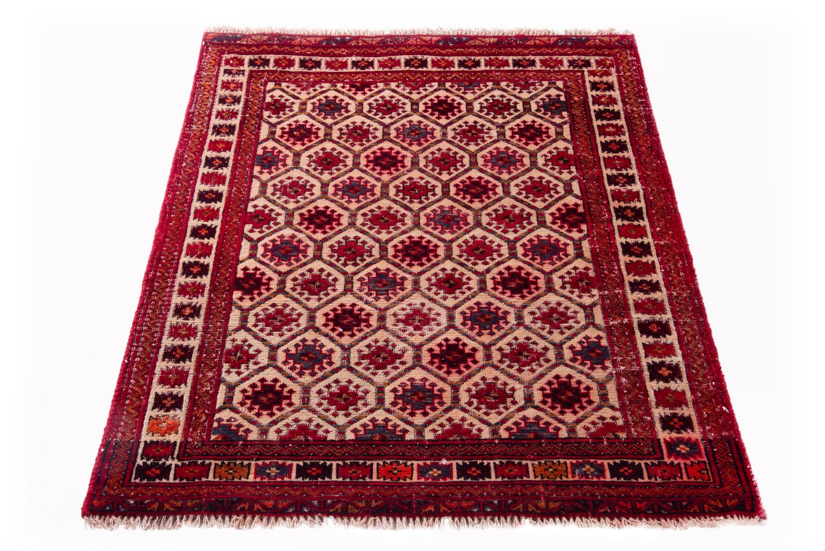 Persian Torkaman accent rug in cream and burgundy, view 2 of 13