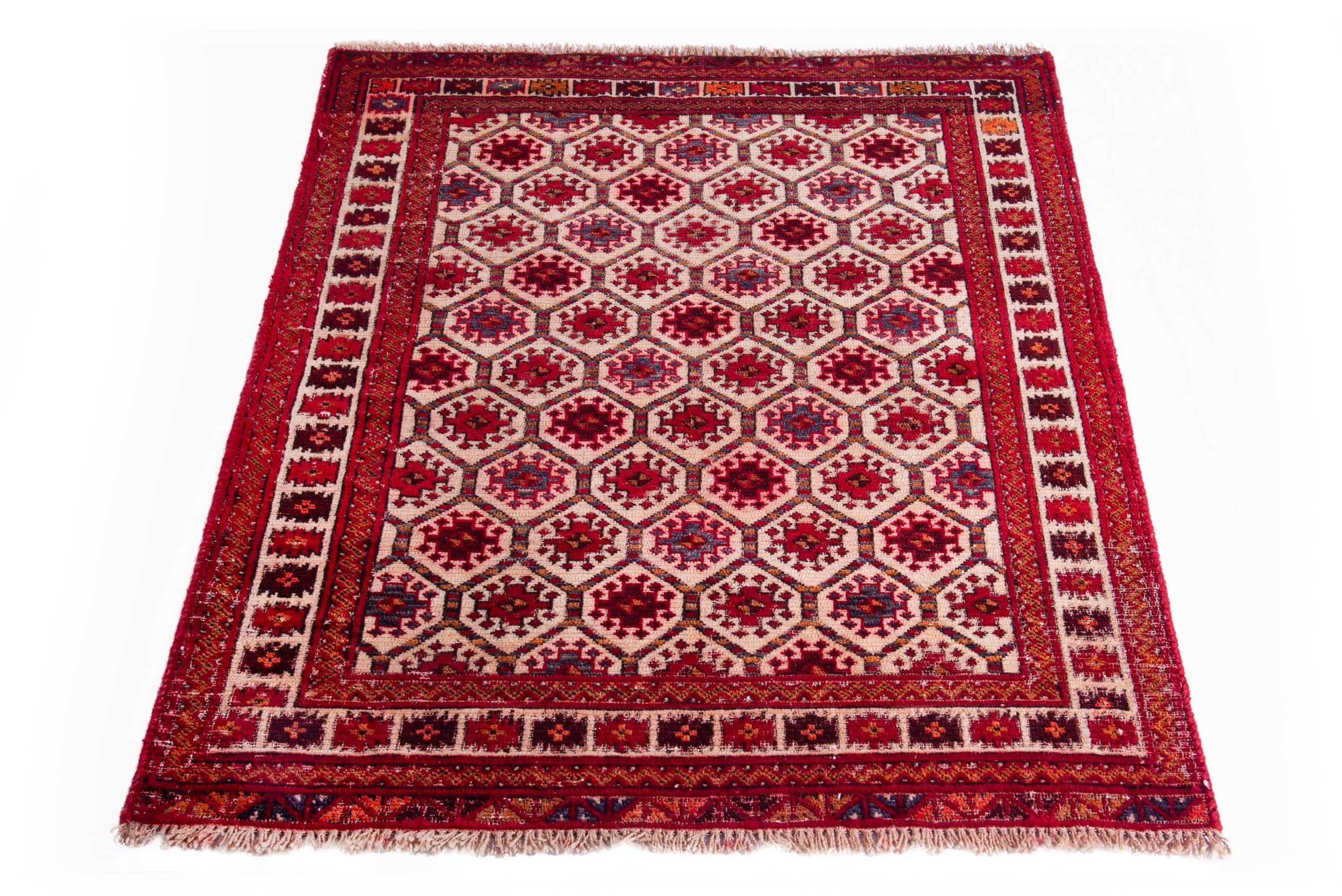 Persian Torkaman accent rug in cream and burgundy, view 3 of 13