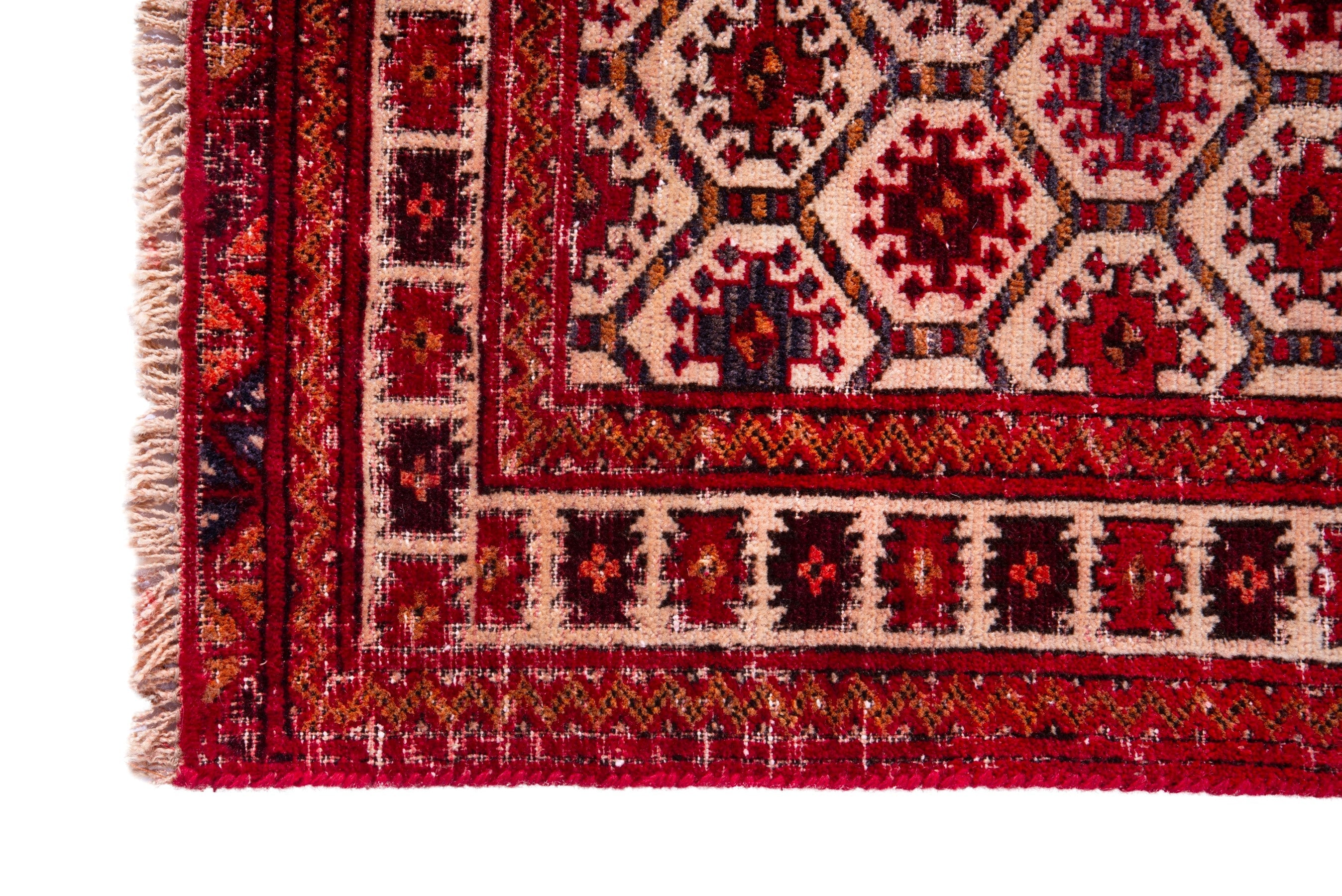Persian Torkaman accent rug in cream and burgundy, view 5 of 13