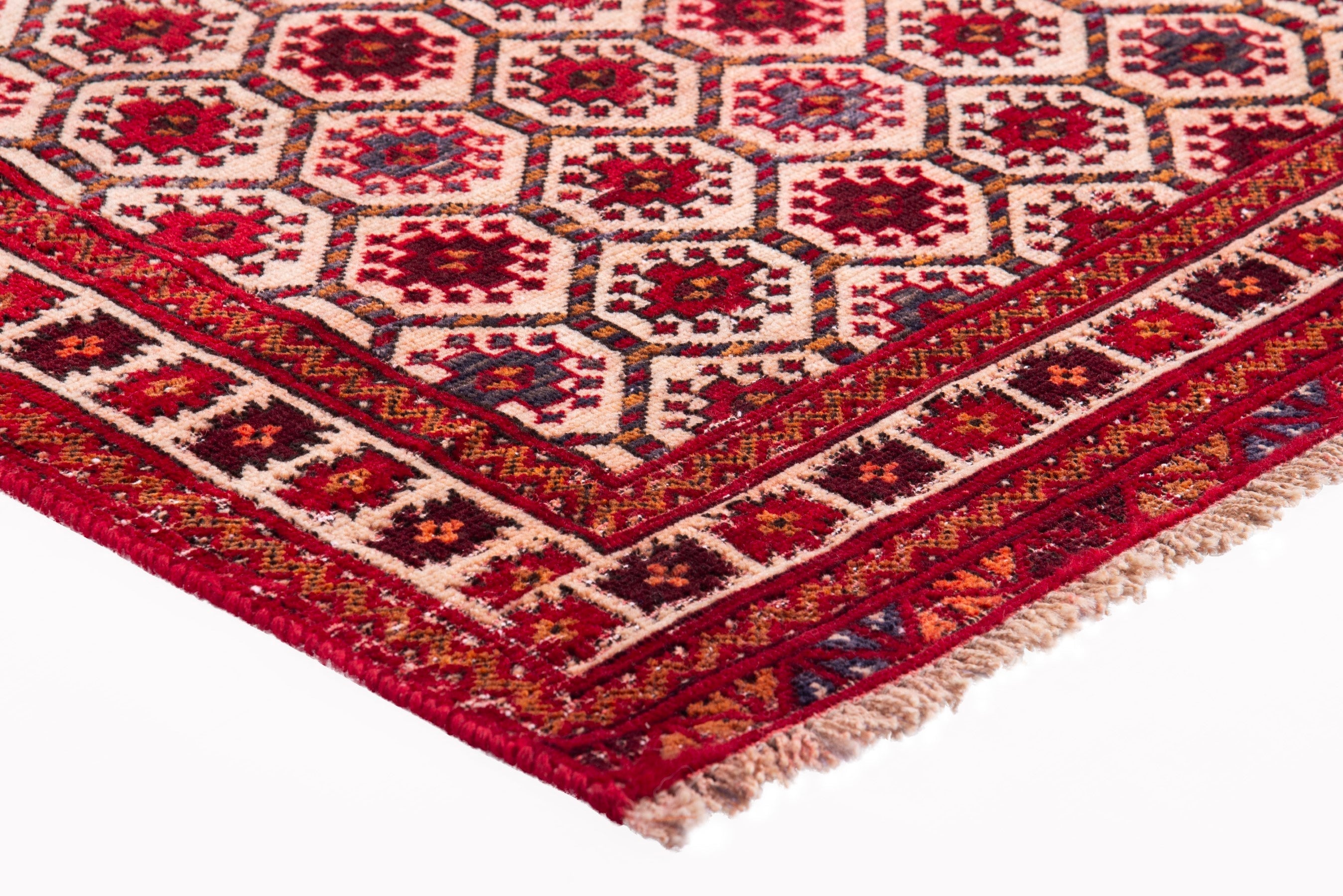 Persian Torkaman accent rug in cream and burgundy, view 6 of 13