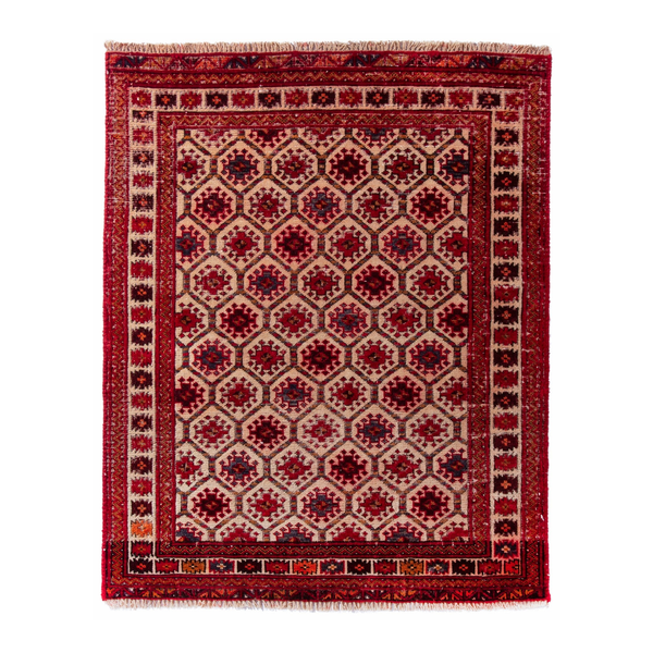 Persian Torkaman accent rug in cream and burgundy, 3' x 3'10"