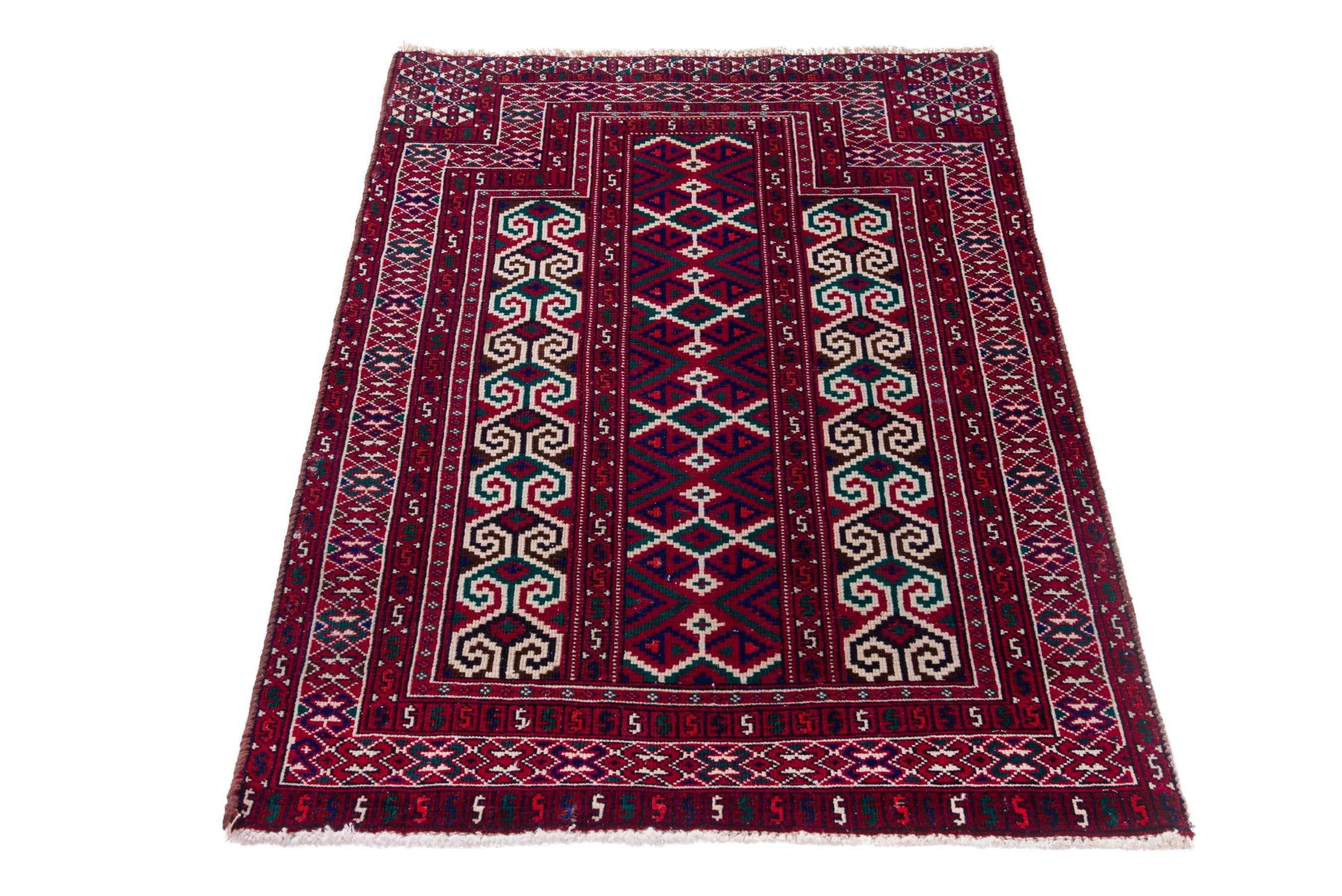 Persian Baluch accent rug in burgundy and cream, view 2 of 14