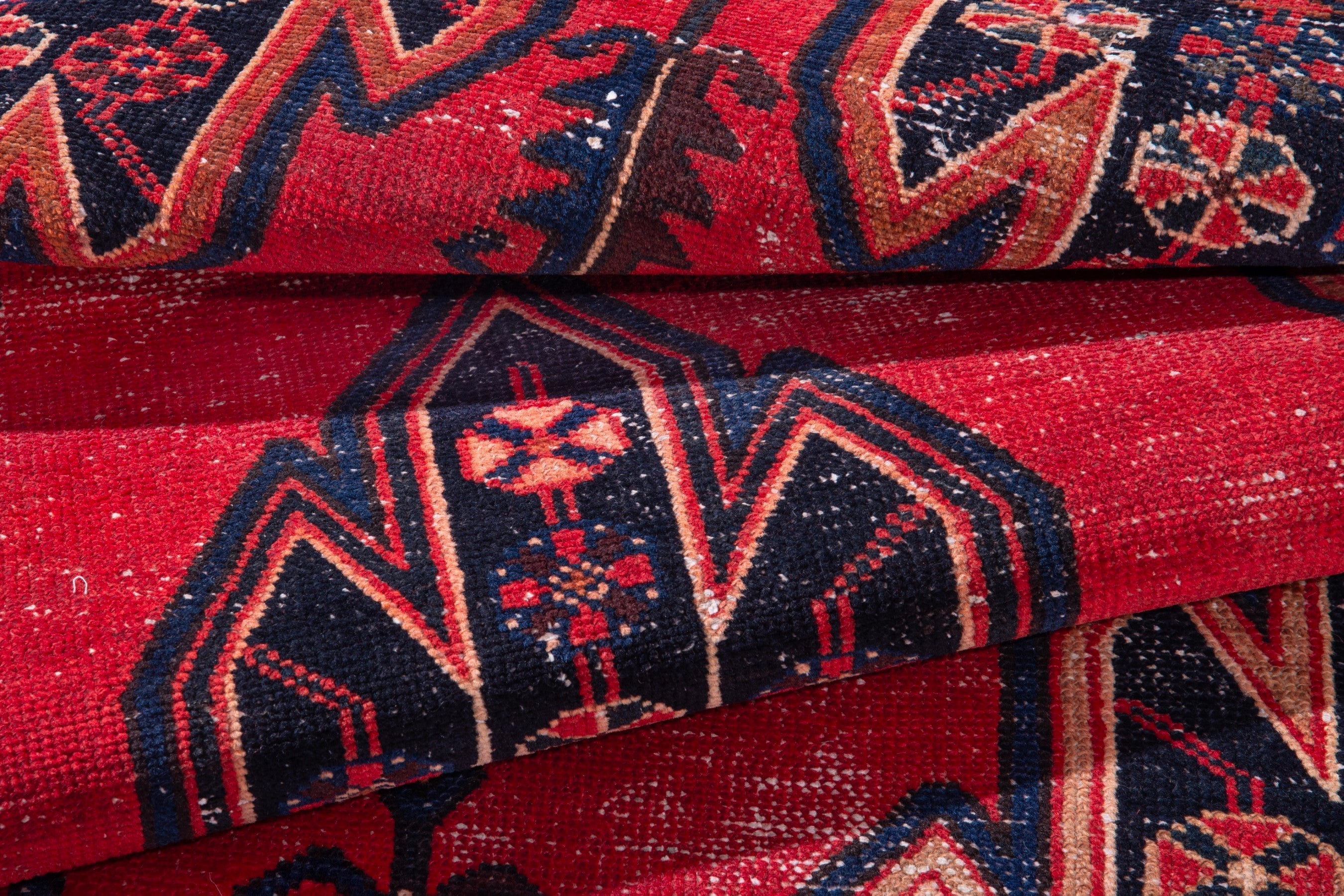 Persian Saveh accent rug in deep red and navy, view 14 of 17