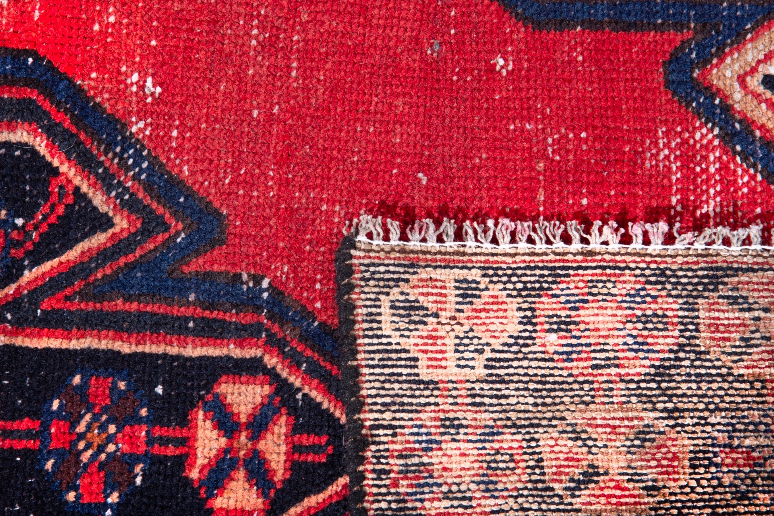 Persian Saveh accent rug in deep red and navy, view 17 of 17