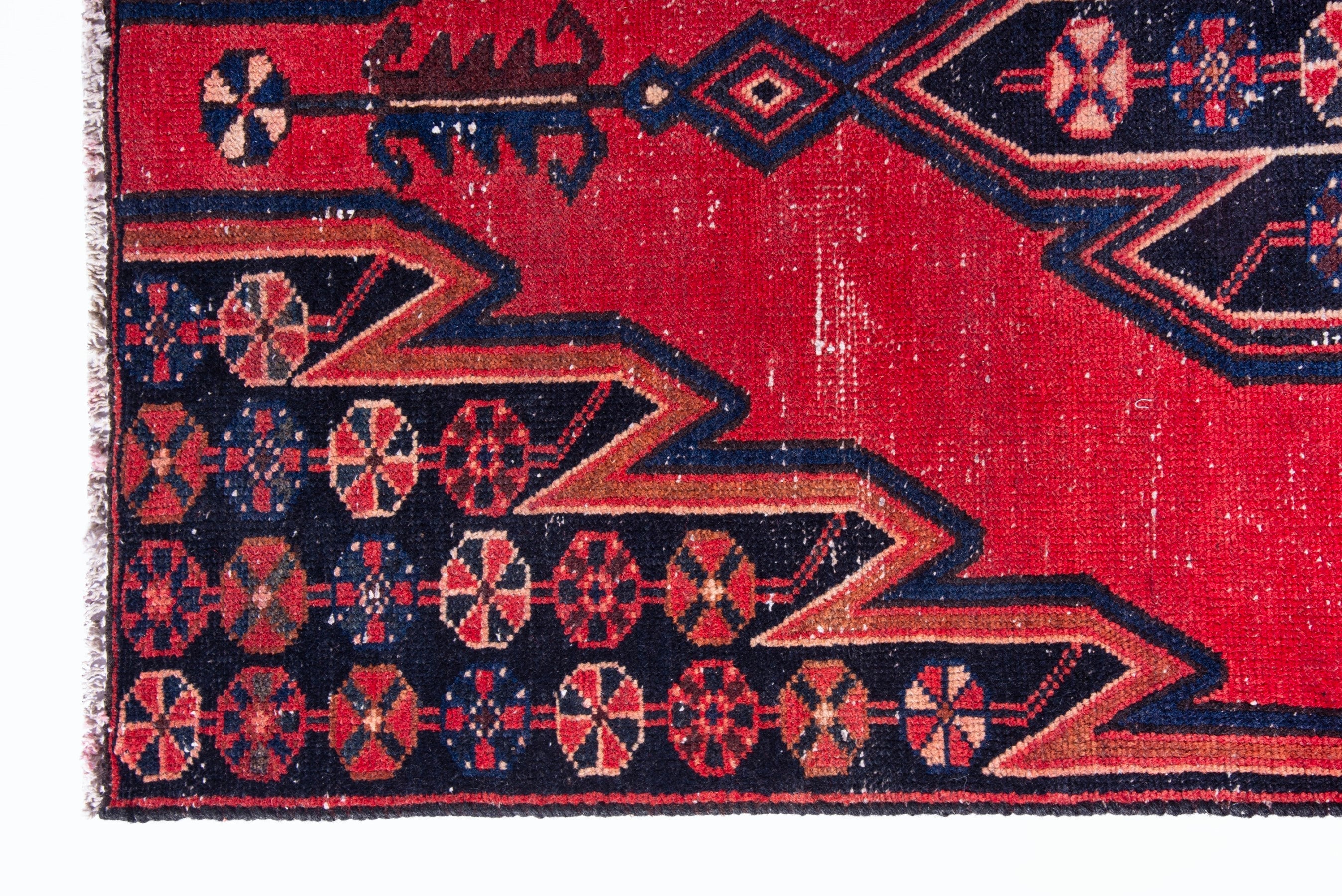 Persian Saveh accent rug in deep red and navy, view 5 of 17